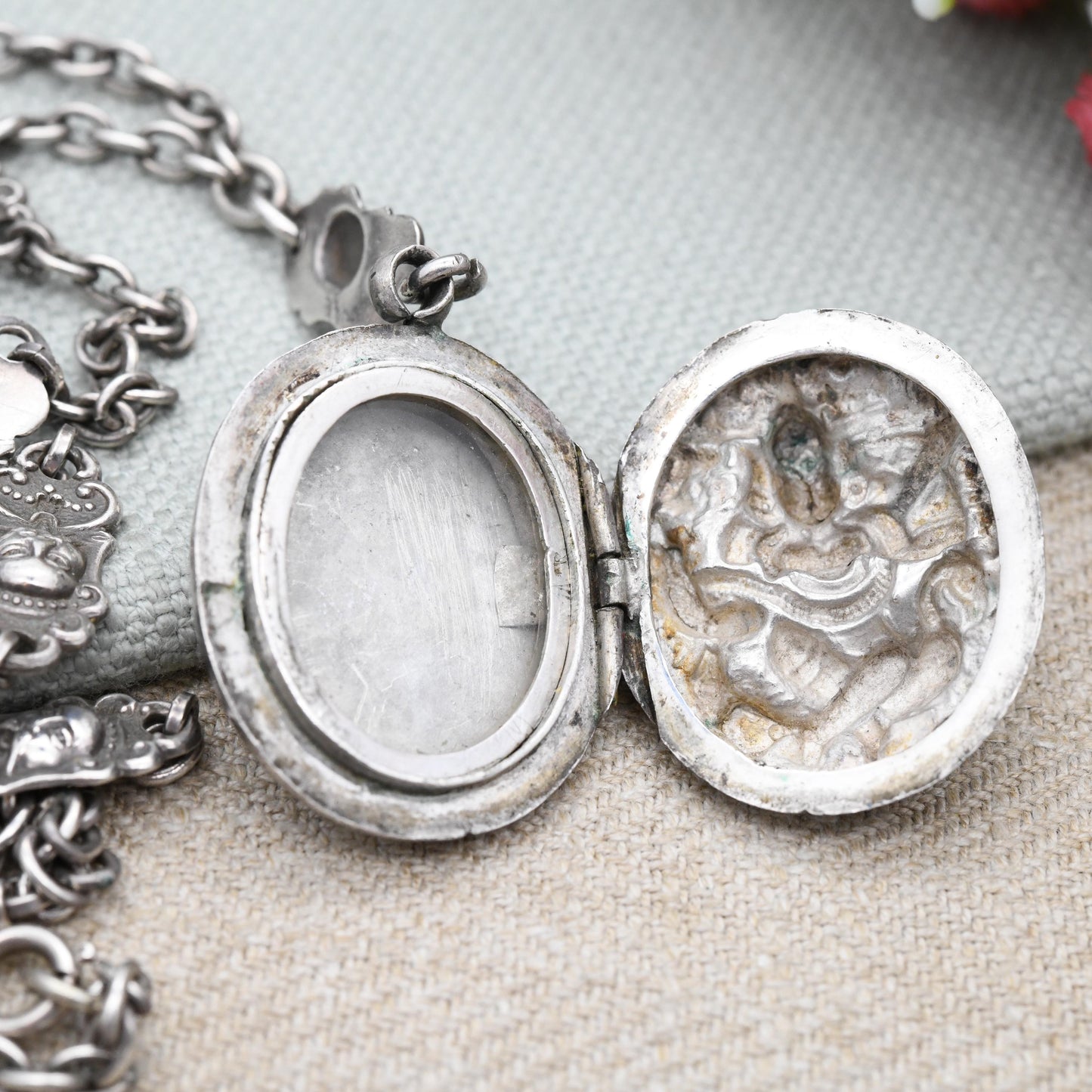 Antique Sterling Silver Locket Necklace with Hindu Deity Relief - Vishnu God on Garuda Eagle Bird Cross Legged Holding a Club | Asian Silver