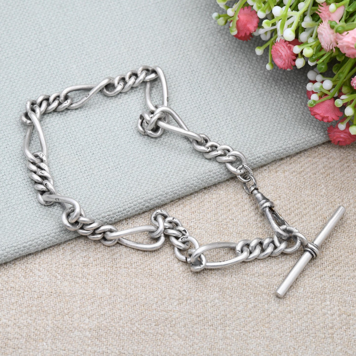 Antique Sterling Silver Figaro Link Albert Chain 1914 with Dog Clip and T-Bar by Henry Pope HP - Chunky Solid | Each Link Stamped | 33cm 13"