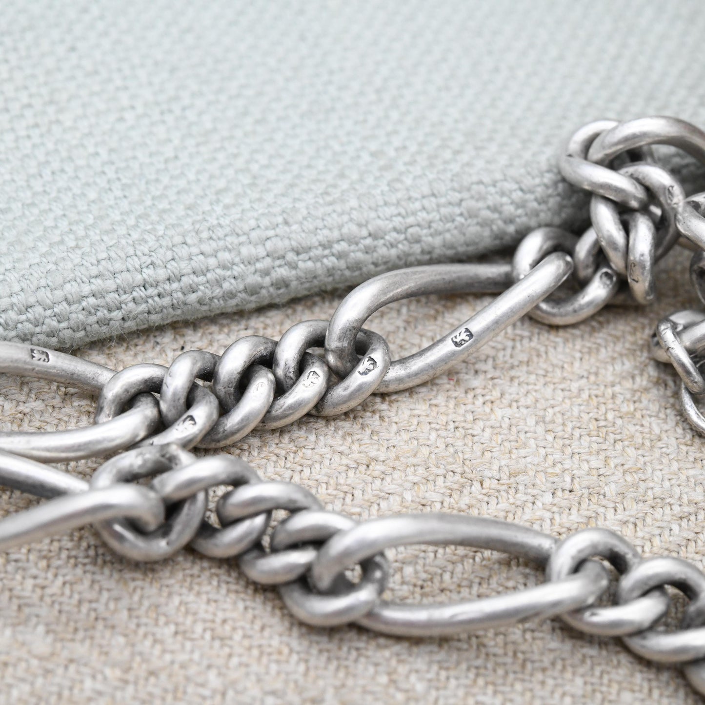 Antique Sterling Silver Figaro Link Albert Chain 1914 with Dog Clip and T-Bar by Henry Pope HP - Chunky Solid | Each Link Stamped | 33cm 13"