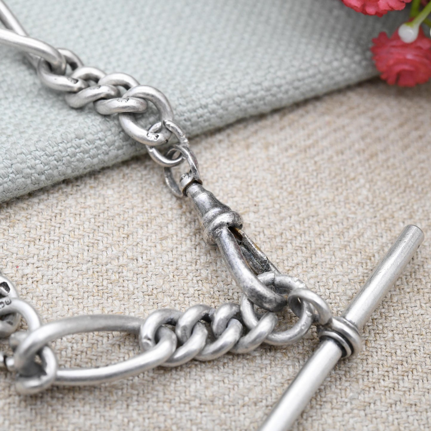 Antique Sterling Silver Figaro Link Albert Chain 1914 with Dog Clip and T-Bar by Henry Pope HP - Chunky Solid | Each Link Stamped | 33cm 13"
