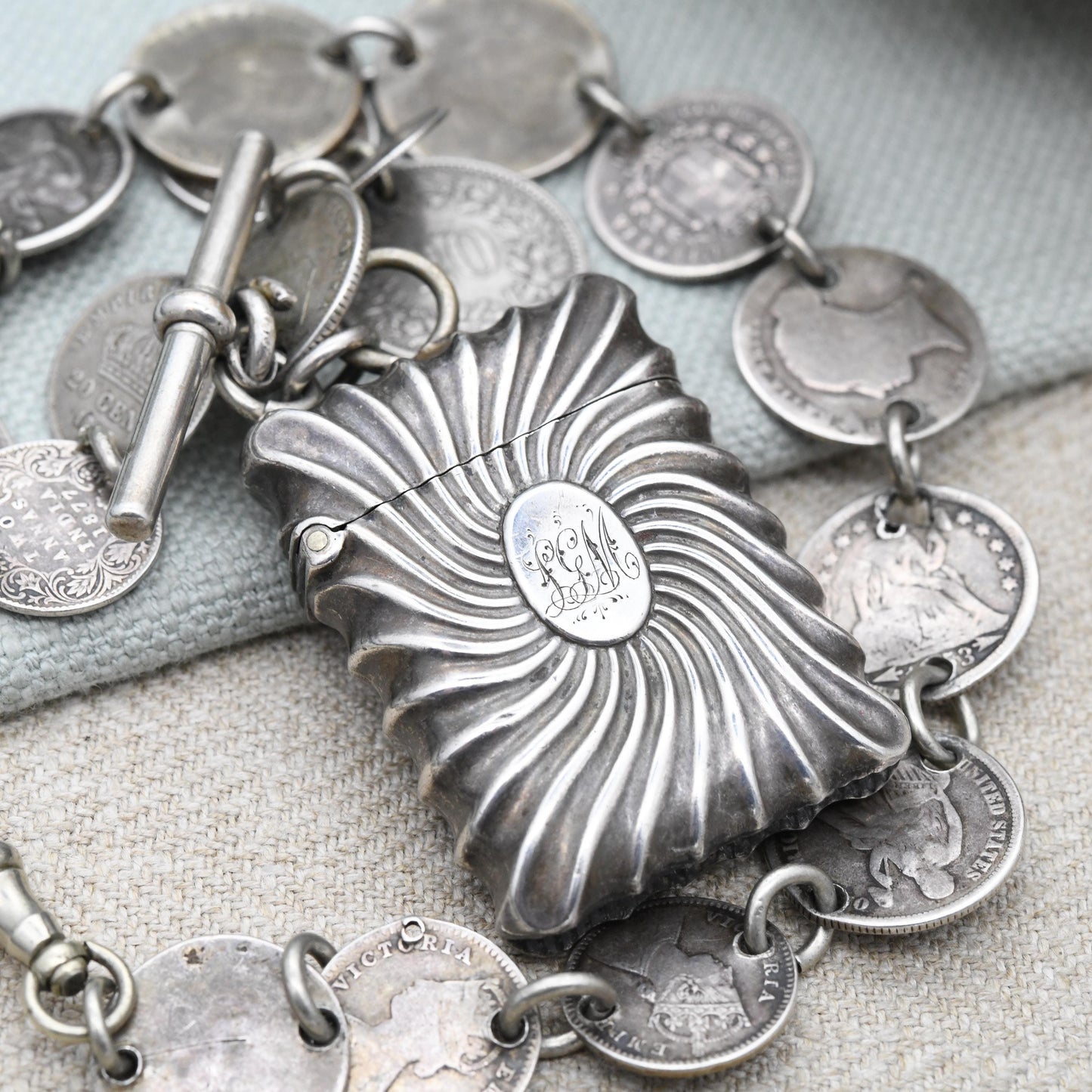 Antique Sterling Silver Coin Albert Chain 1891 with Dog Clip T-Bar & Vesta Case by John Millward Banks JMB - Victorian World Coin Collection