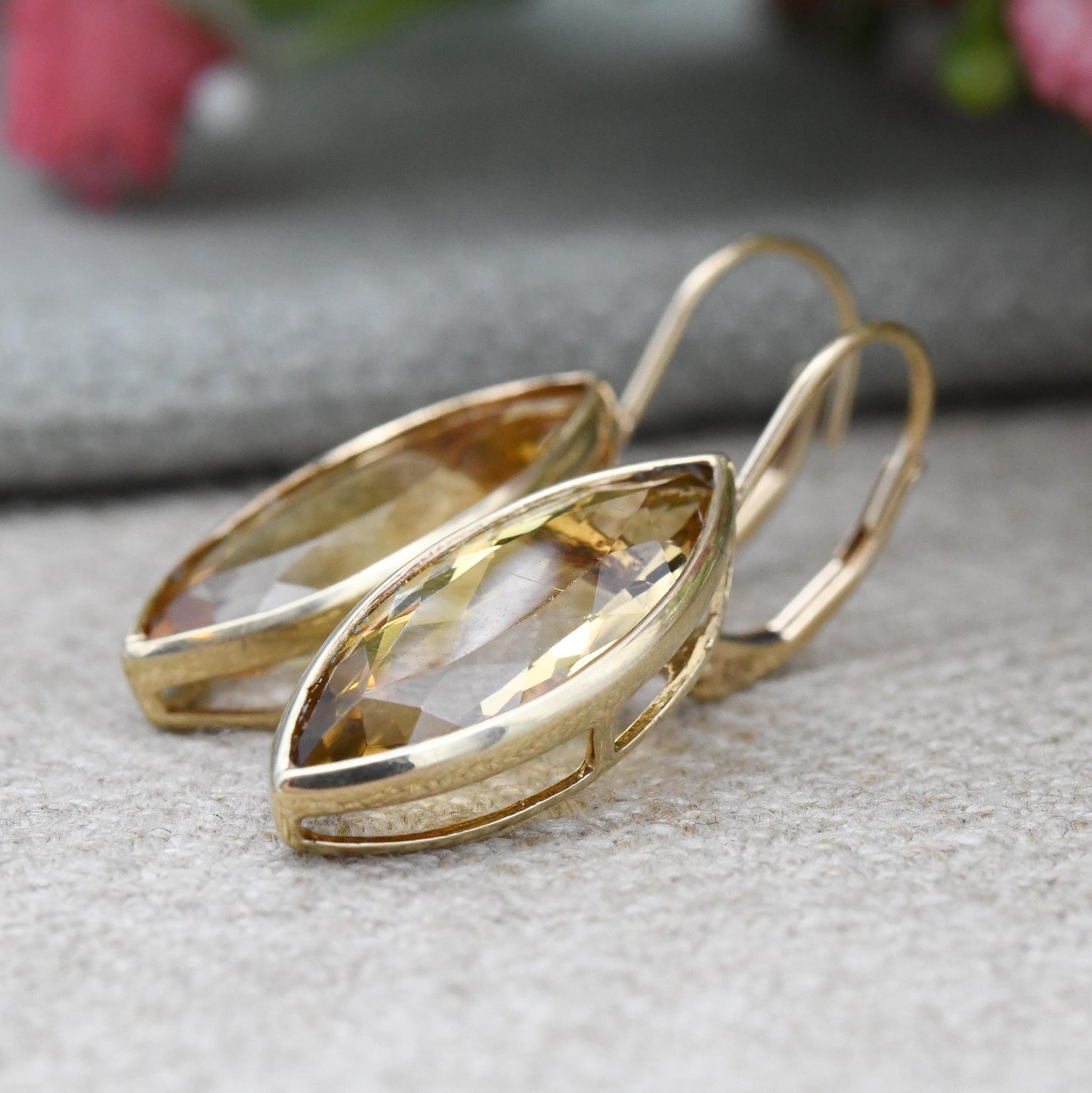 9ct Gold Citrine Earrings Marquise Cut - Large Faceted Yellow Gemstone Drop Earrings | Latch Back Statement Earrings