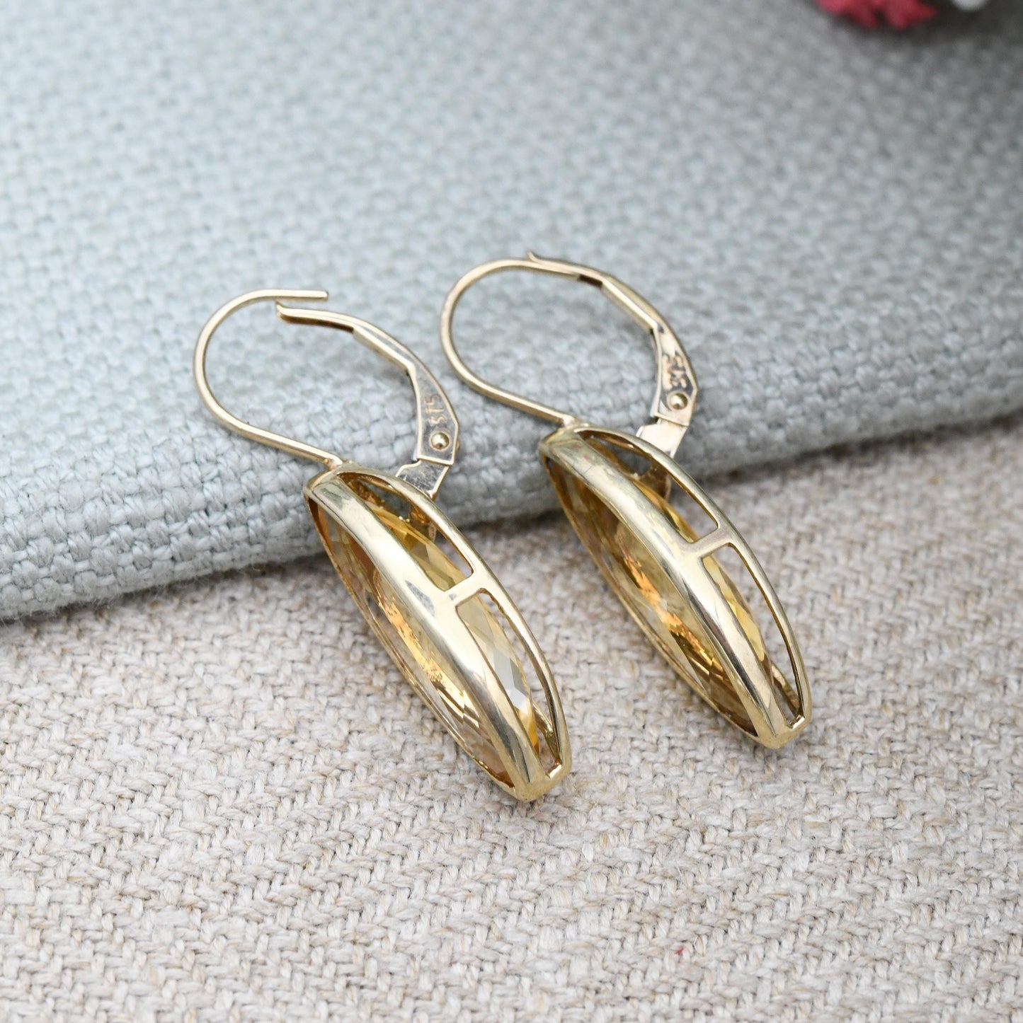 9ct Gold Citrine Earrings Marquise Cut - Large Faceted Yellow Gemstone Drop Earrings | Latch Back Statement Earrings
