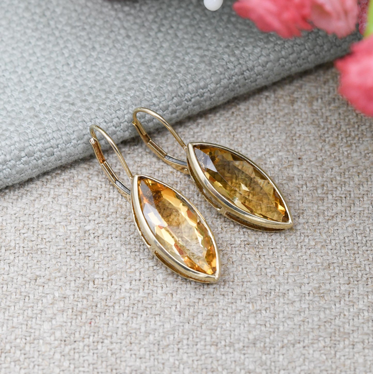 9ct Gold Citrine Earrings Marquise Cut - Large Faceted Yellow Gemstone Drop Earrings | Latch Back Statement Earrings