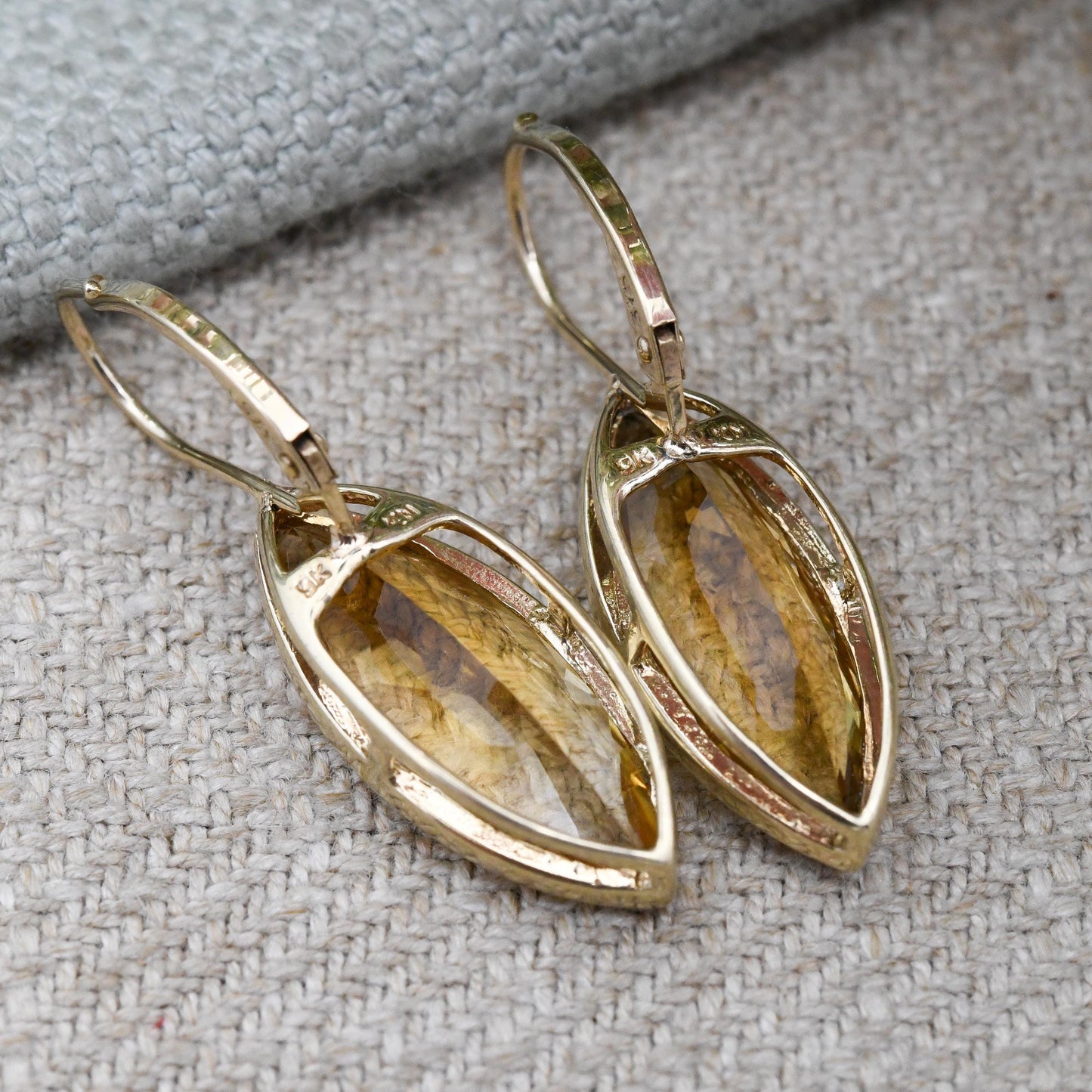 9ct Gold Citrine Earrings Marquise Cut - Large Faceted Yellow Gemstone Drop Earrings | Latch Back Statement Earrings