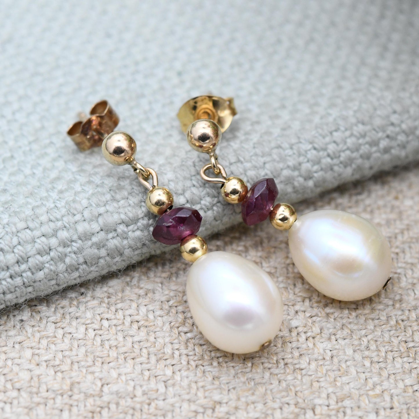 Vintage 9ct Gold Pearl and Amethyst Drop Earrings - Gemstone Bead Dangle Stud Earrings | White Round Ball | Big Cultured Pearls