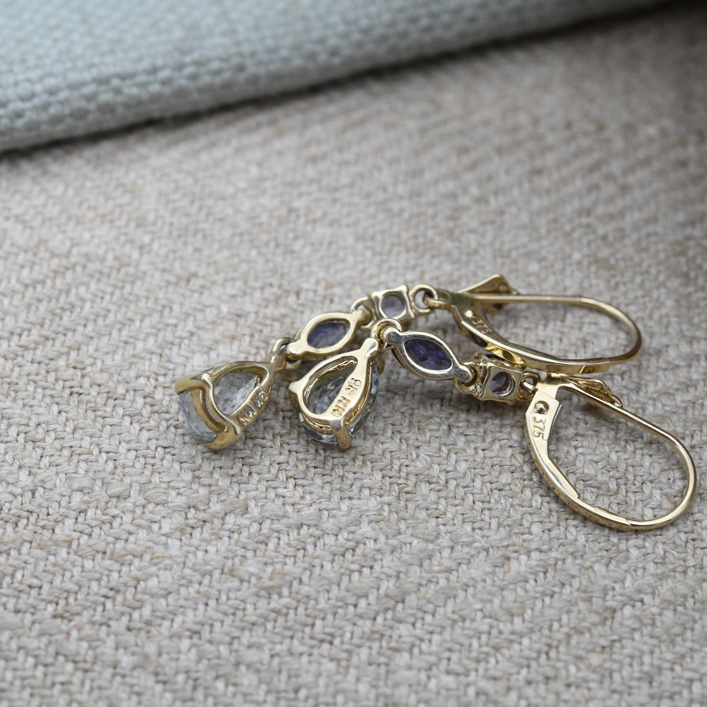 9ct Gold Gemstone Drop Earrings with Iolite and Tanzanite - Teardrop Faceted Gems Dangle Earrings with Lever Backs | with Light Blue Stone