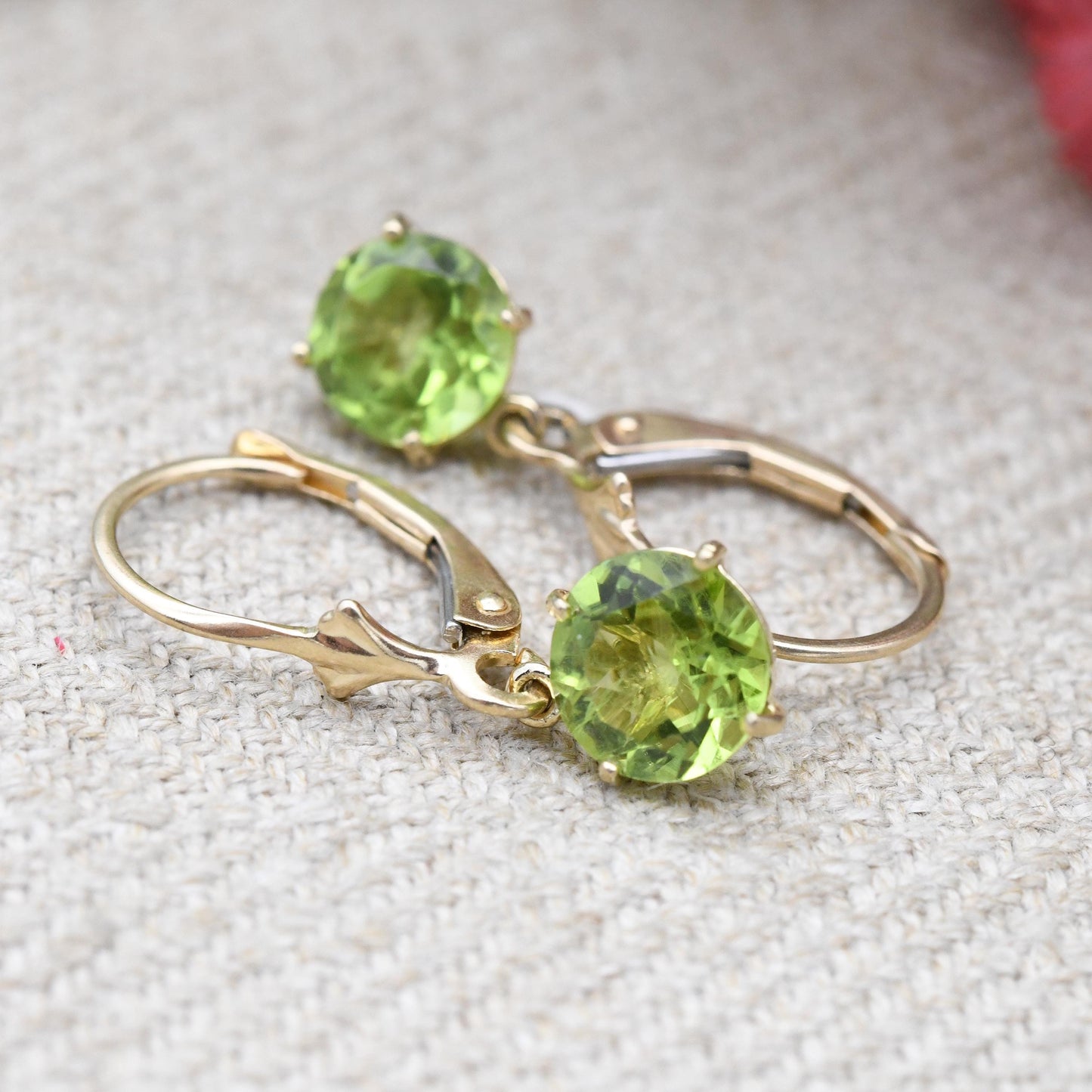 14ct Gold Peridot Drop Earrings Yellow Gold Lever Backs - Green Gemstone Faceted Round Pendant Dangle Drops