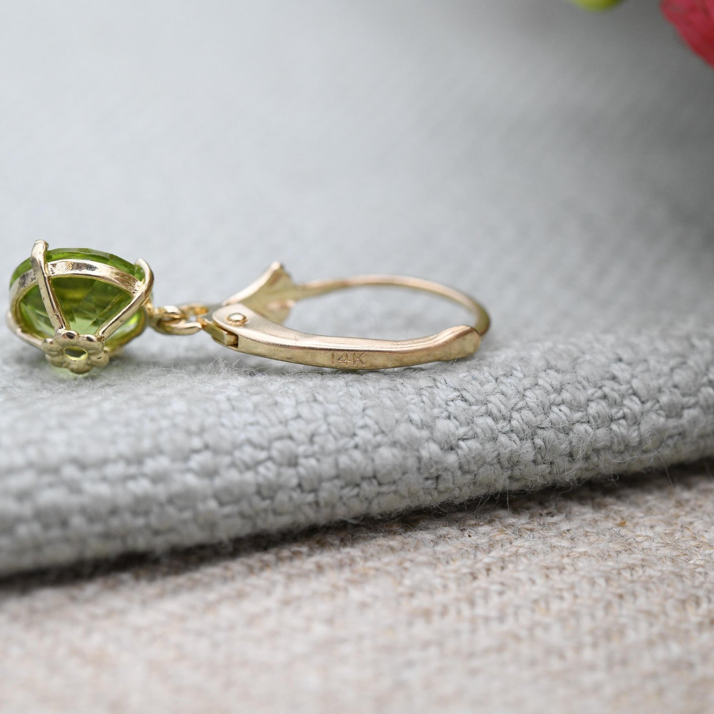 14ct Gold Peridot Drop Earrings Yellow Gold Lever Backs - Green Gemstone Faceted Round Pendant Dangle Drops