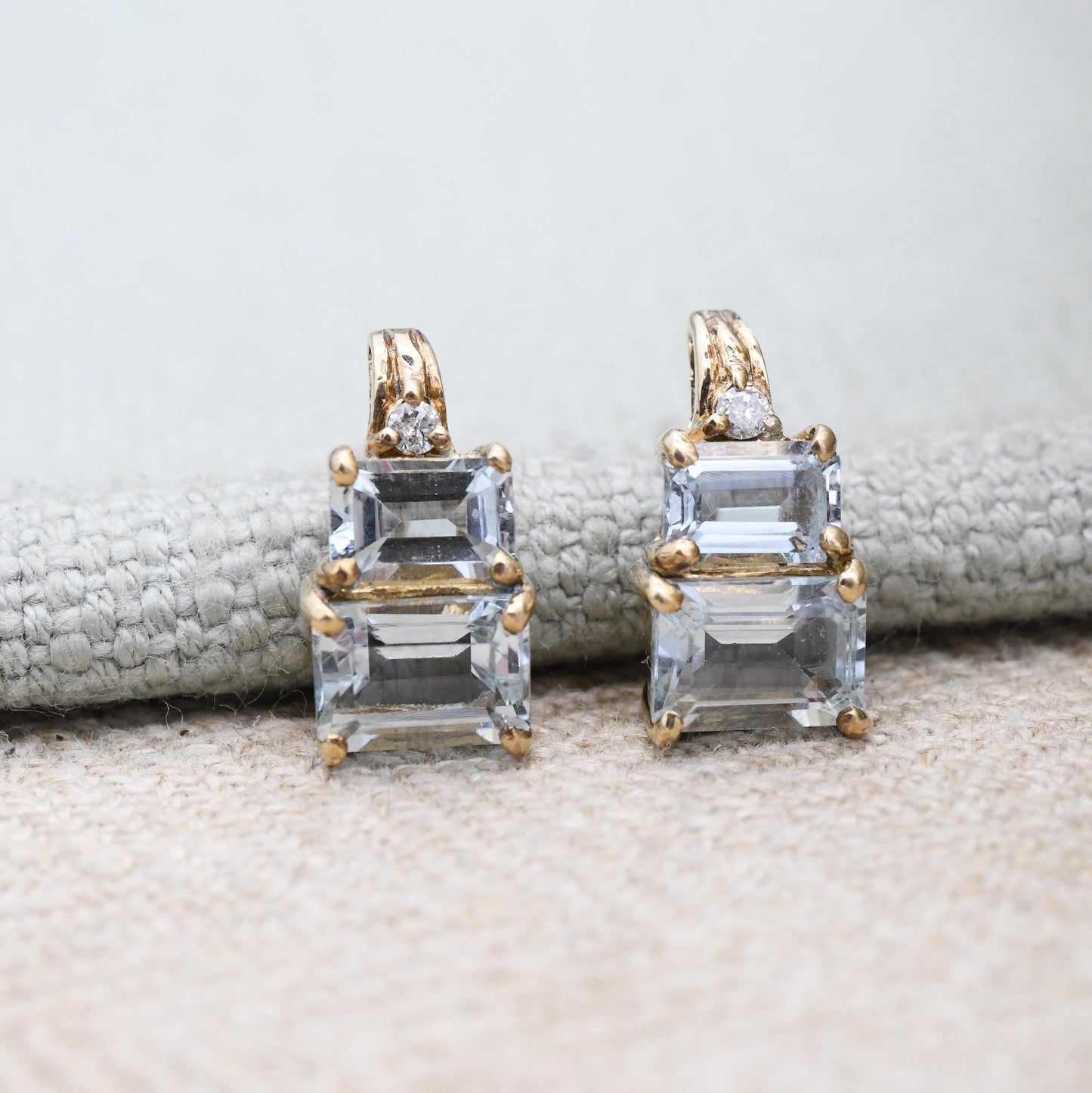 9ct Gold Diamond and Blue Stone Stud Earrings Emerald Cut - Graduated Blue Gemstone Studs | Solid Yellow Gold Jewellery Gift for Her