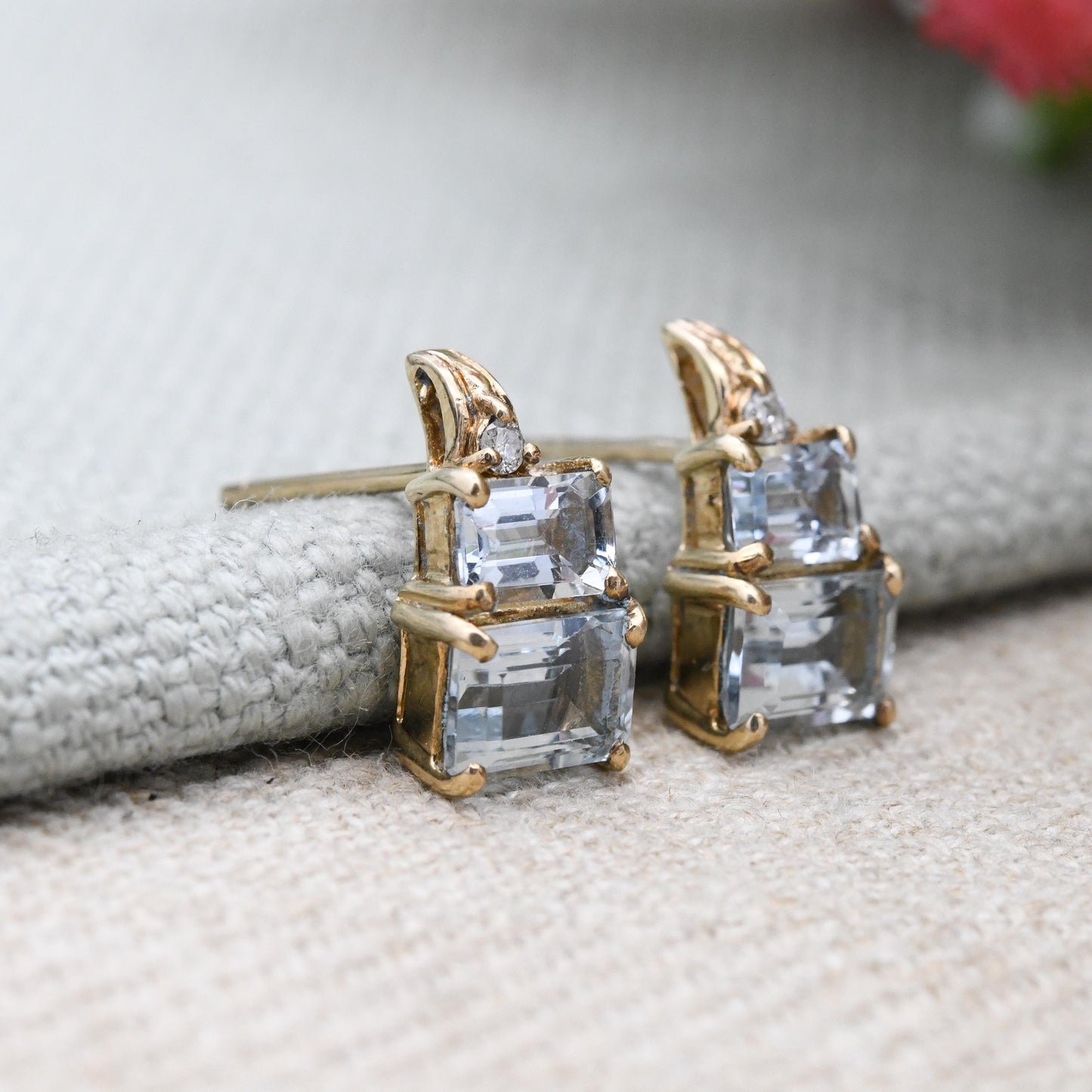 9ct Gold Diamond and Blue Stone Stud Earrings Emerald Cut - Graduated Blue Gemstone Studs | Solid Yellow Gold Jewellery Gift for Her