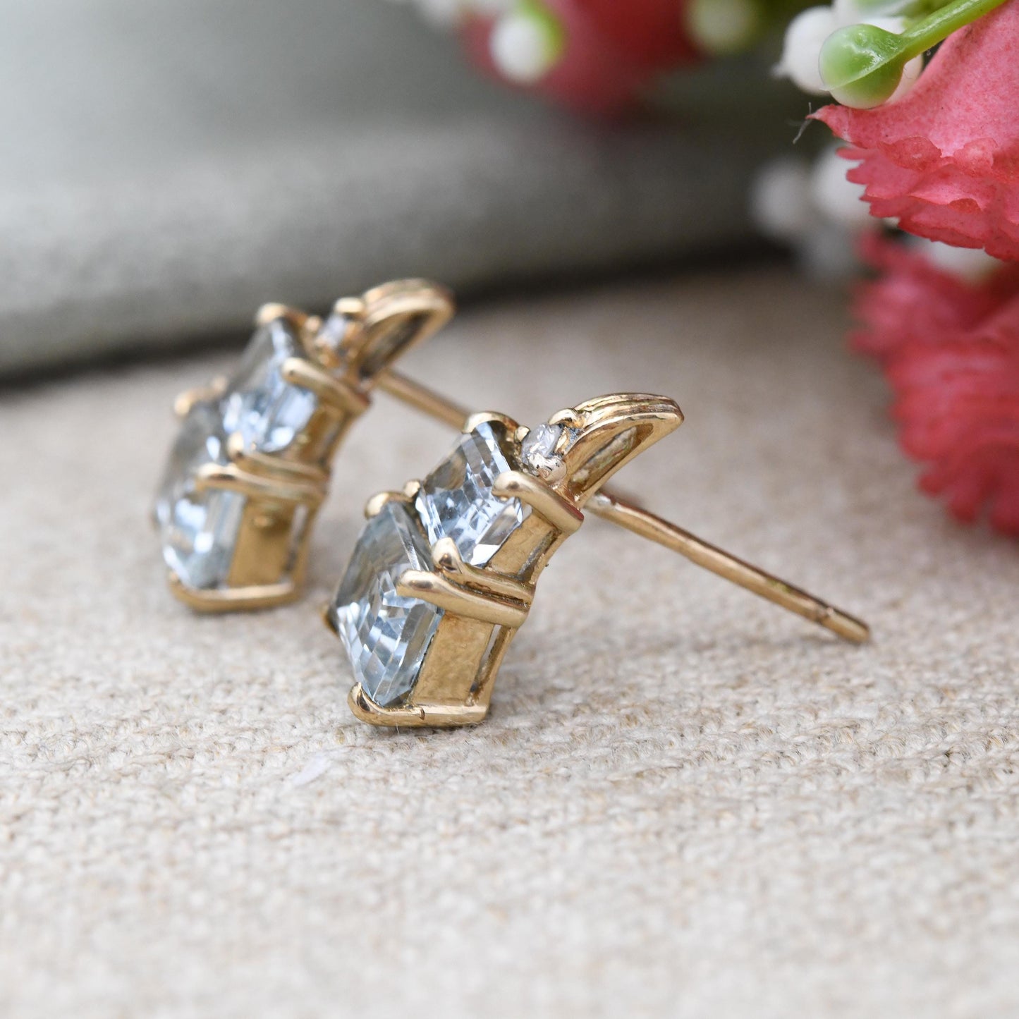 9ct Gold Diamond and Blue Stone Stud Earrings Emerald Cut - Graduated Blue Gemstone Studs | Solid Yellow Gold Jewellery Gift for Her