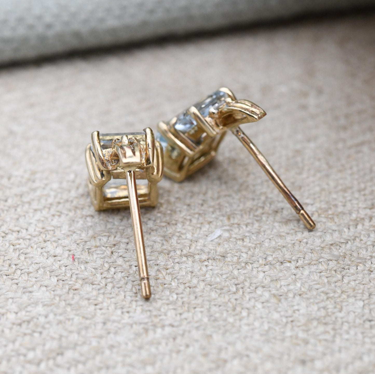 9ct Gold Diamond and Blue Stone Stud Earrings Emerald Cut - Graduated Blue Gemstone Studs | Solid Yellow Gold Jewellery Gift for Her