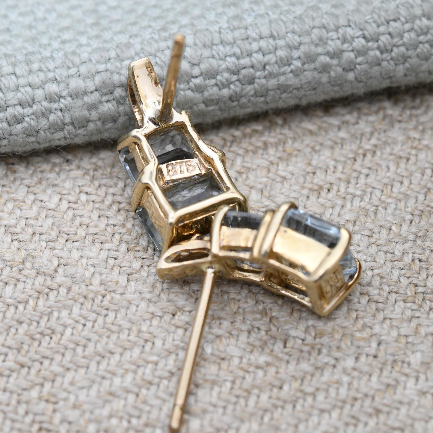 9ct Gold Diamond and Blue Stone Stud Earrings Emerald Cut - Graduated Blue Gemstone Studs | Solid Yellow Gold Jewellery Gift for Her