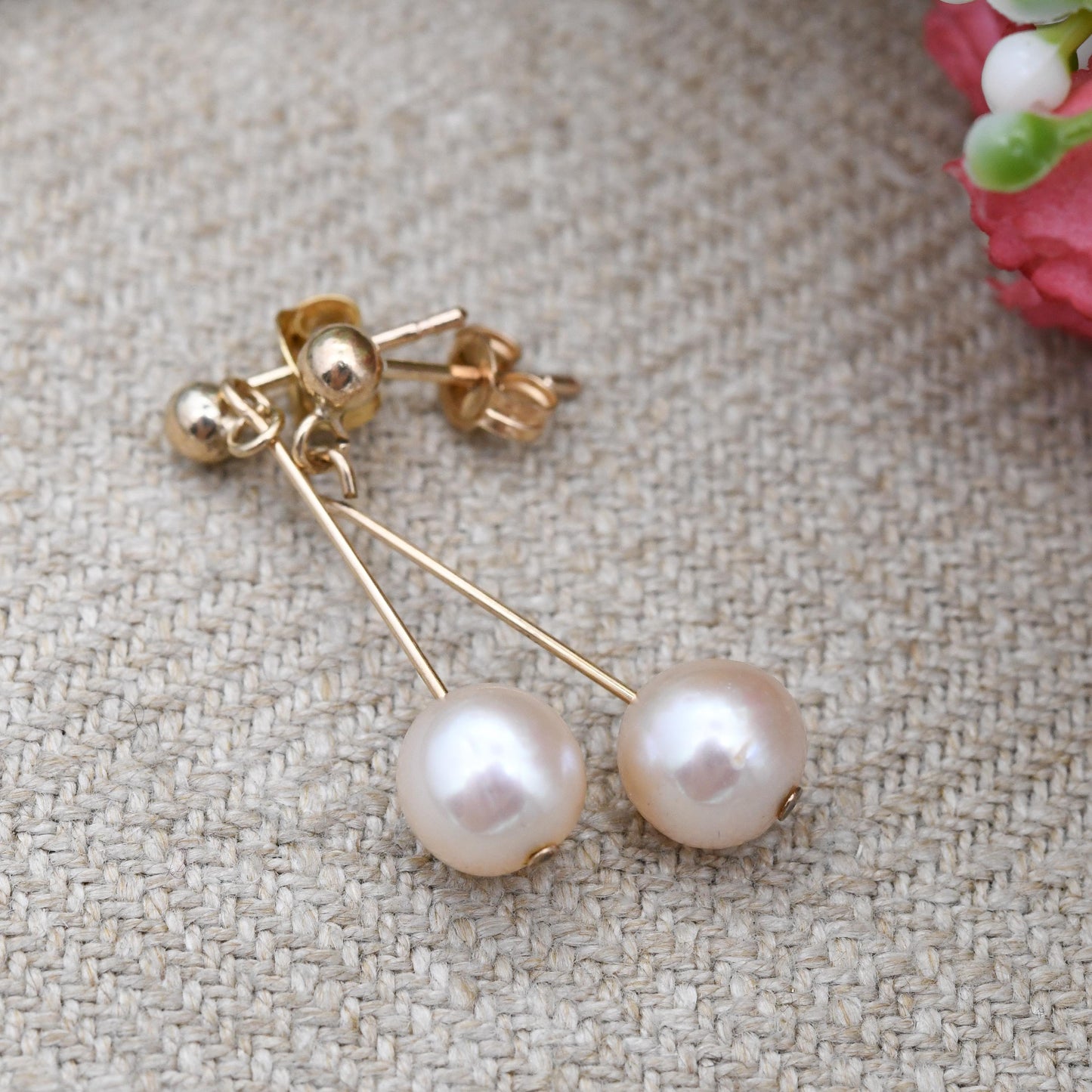 Vintage 9ct Gold Pearl Slider Drop Earrings - Gemstone Bead Threader Gold Dangle Stud Earrings | Pale Pink Round Ball Drops