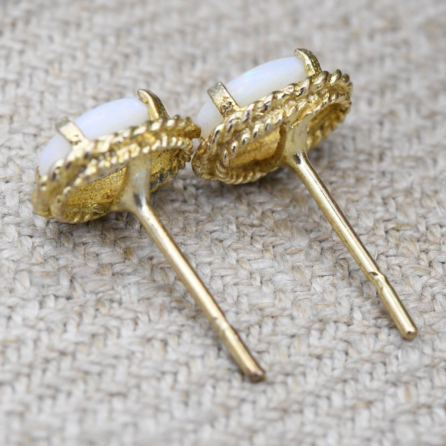 Vintage 9ct Gold Opal Stud Earrings 1979 - Rope Twist Design Prong Mount | Small Delicate Studs