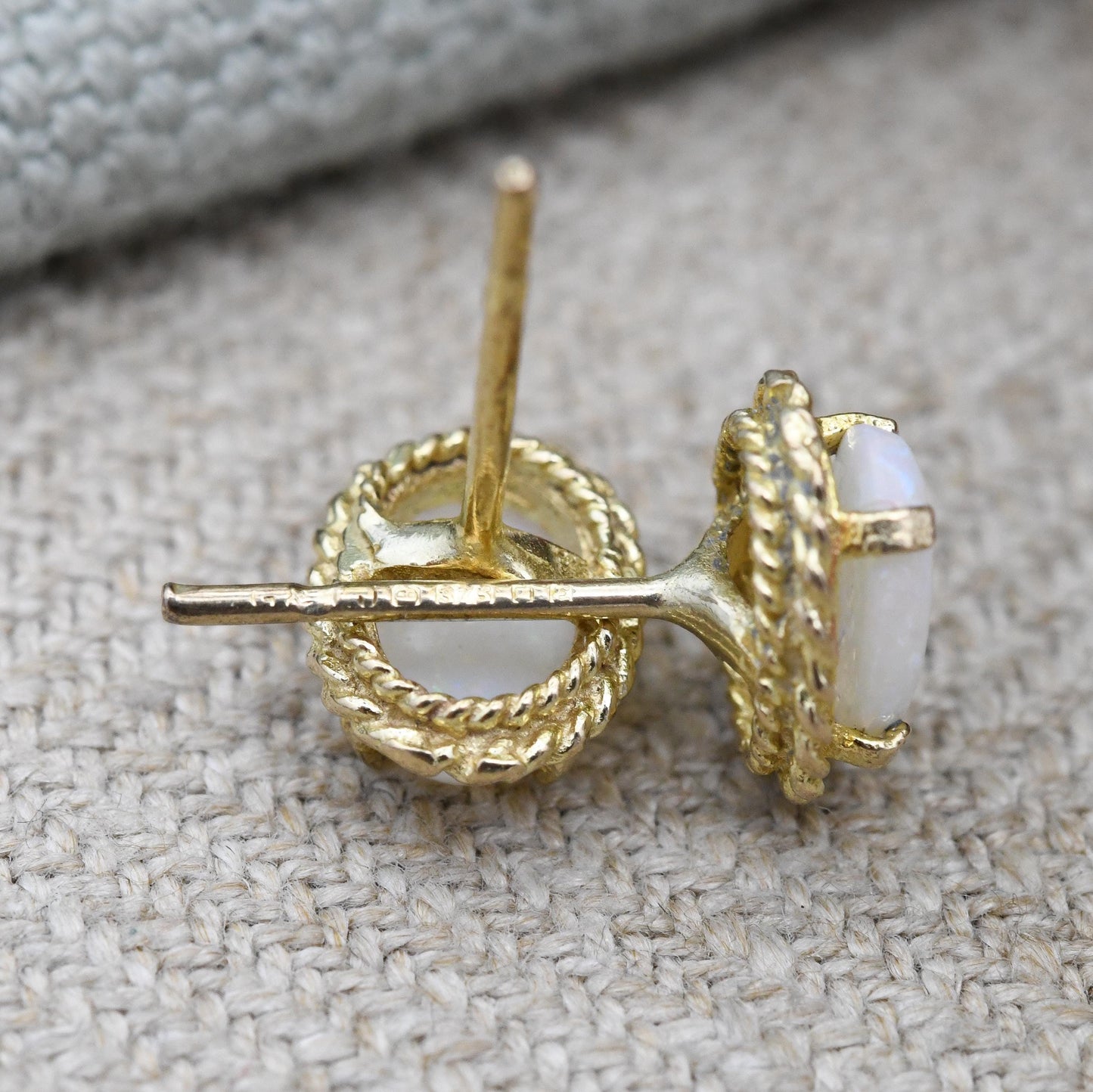 Vintage 9ct Gold Opal Stud Earrings 1979 - Rope Twist Design Prong Mount | Small Delicate Studs