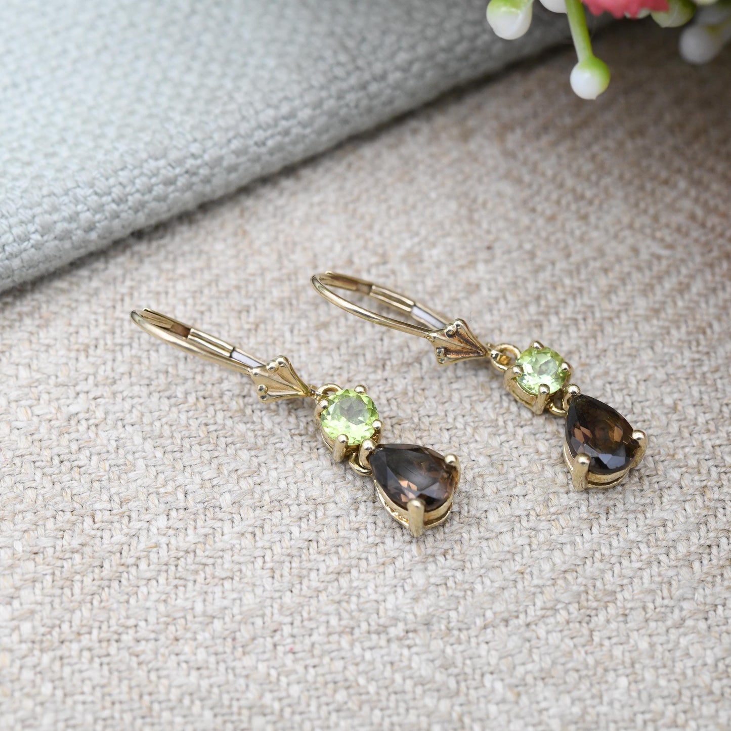 9ct Gold Peridot and Smoky Quartz Articulated Drop Earrings - Faceted Teardrop Green and Brown Gemstone Dangle Earrings | Jewellery Gift