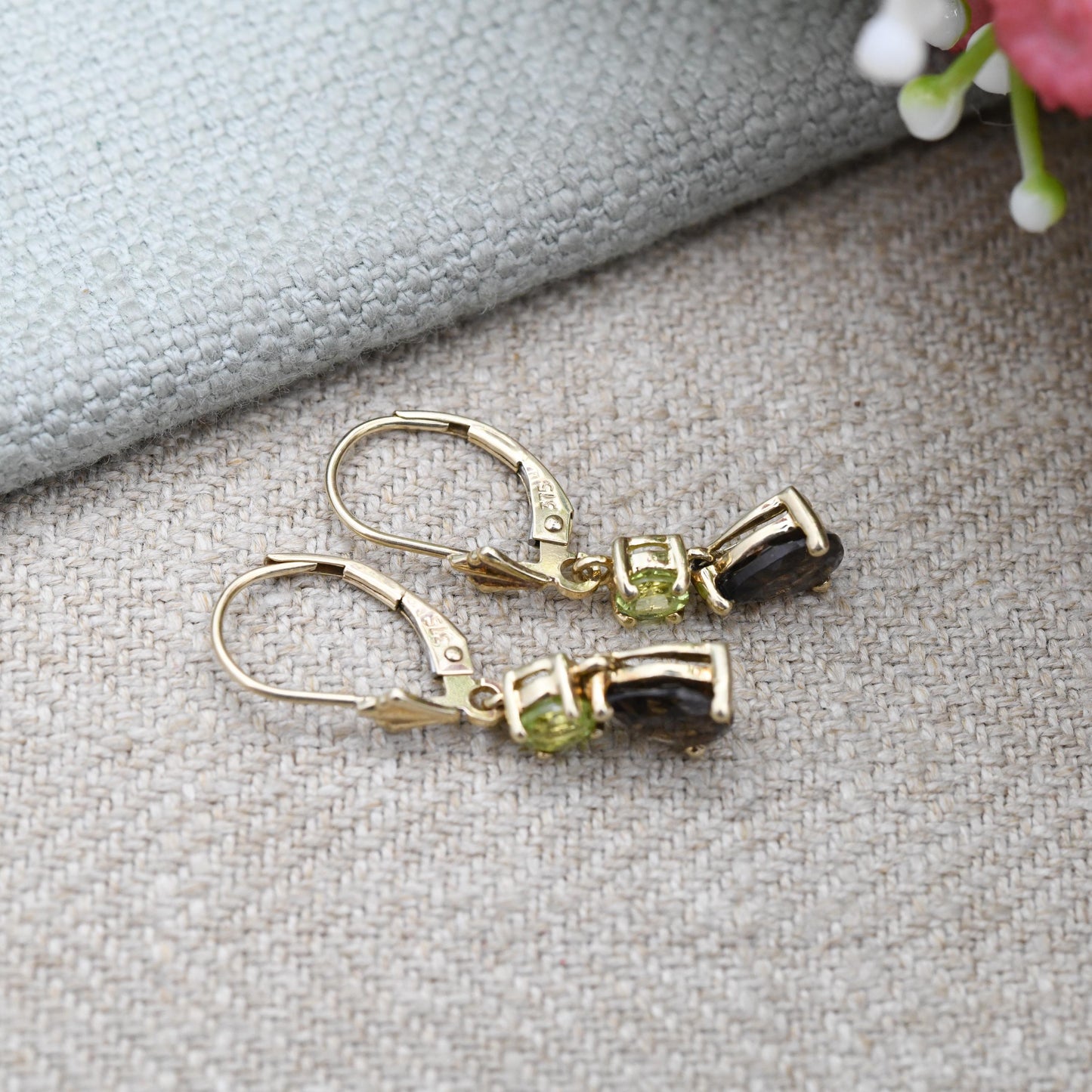 9ct Gold Peridot and Smoky Quartz Articulated Drop Earrings - Faceted Teardrop Green and Brown Gemstone Dangle Earrings | Jewellery Gift