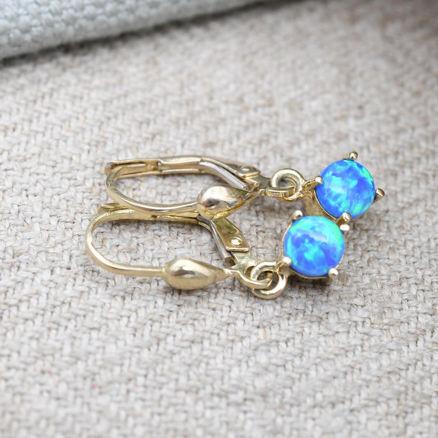 14ct Gold Blue Opal Drop Earrings - Solid Yellow Gold Synthetic Opal Earrings | ARPAS | Pretty Multicoloured Gemstones | Gift for Her