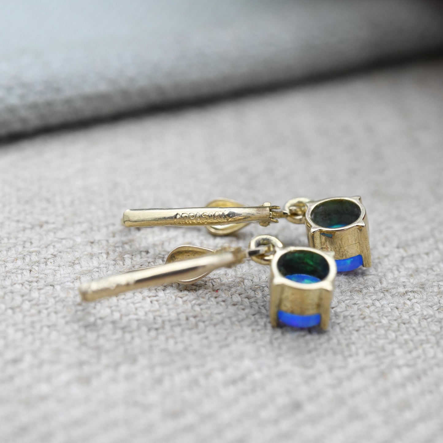 14ct Gold Blue Opal Drop Earrings - Solid Yellow Gold Synthetic Opal Earrings | ARPAS | Pretty Multicoloured Gemstones | Gift for Her