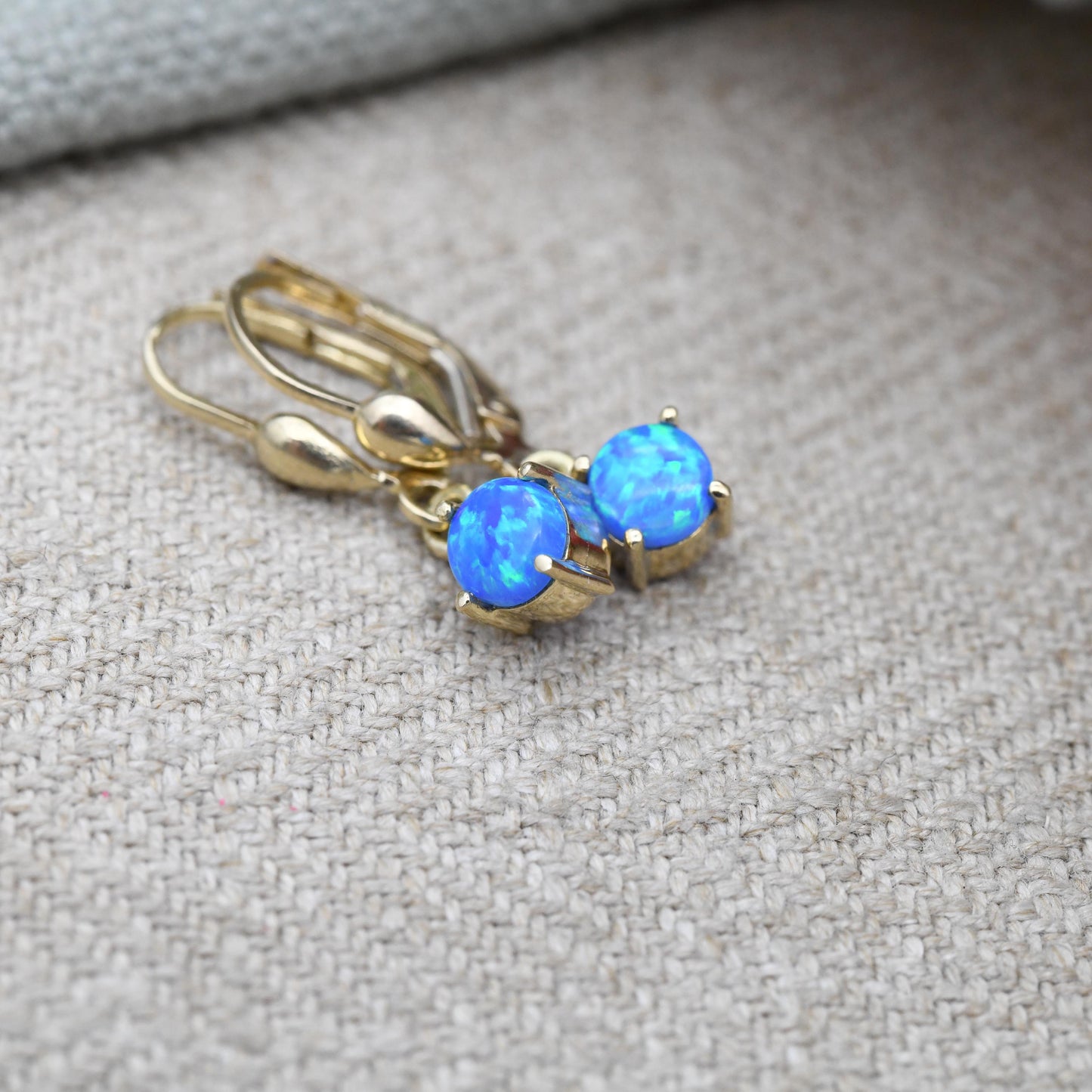 14ct Gold Blue Opal Drop Earrings - Solid Yellow Gold Synthetic Opal Earrings | ARPAS | Pretty Multicoloured Gemstones | Gift for Her