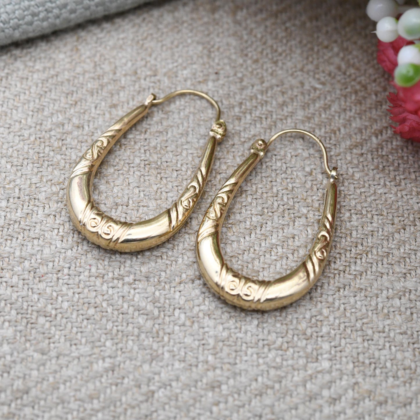 Vintage 9ct Gold Patterns Hoop Earrings Scrolling Design - Solid Yellow Gold Hoops | Oval Shape | Pretty Gold Jewellery Gift for Her