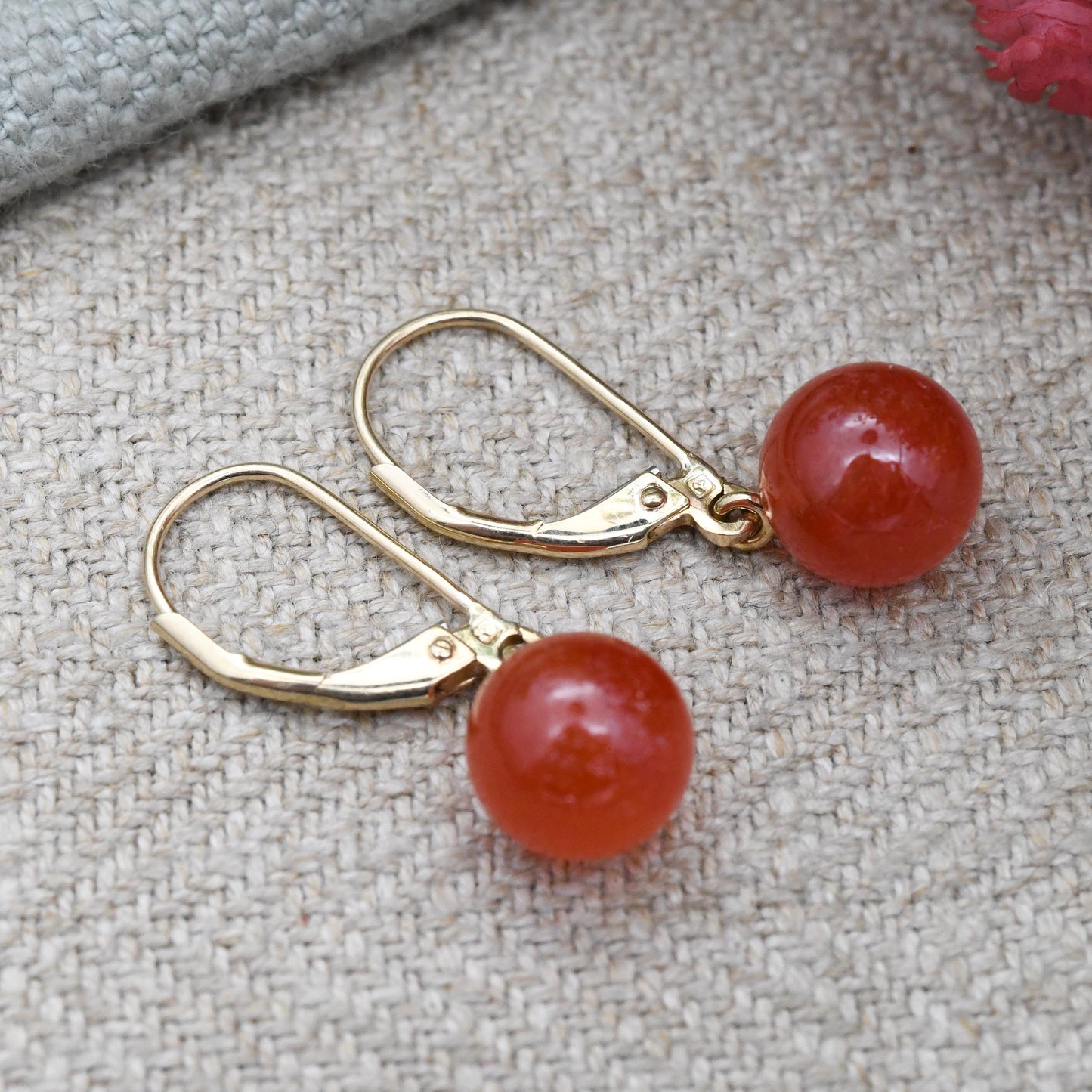 9ct Gold Red Ball Drop Earrings with Gemstone - Solid Gold Dangle Stud Earrings | Round Bead Stone | Pretty Jewellery Gift