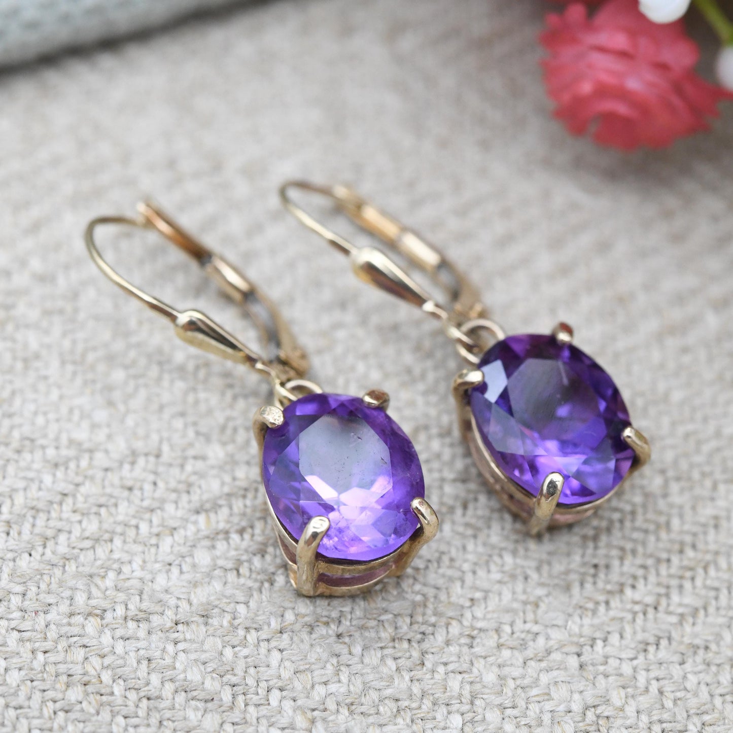 9ct Gold Amethyst Drop Earrings 2003 - Solid Gold Dangle Stud Earrings | Large Faceted Purple Gemstone | Pretty Jewellery Gift for Her