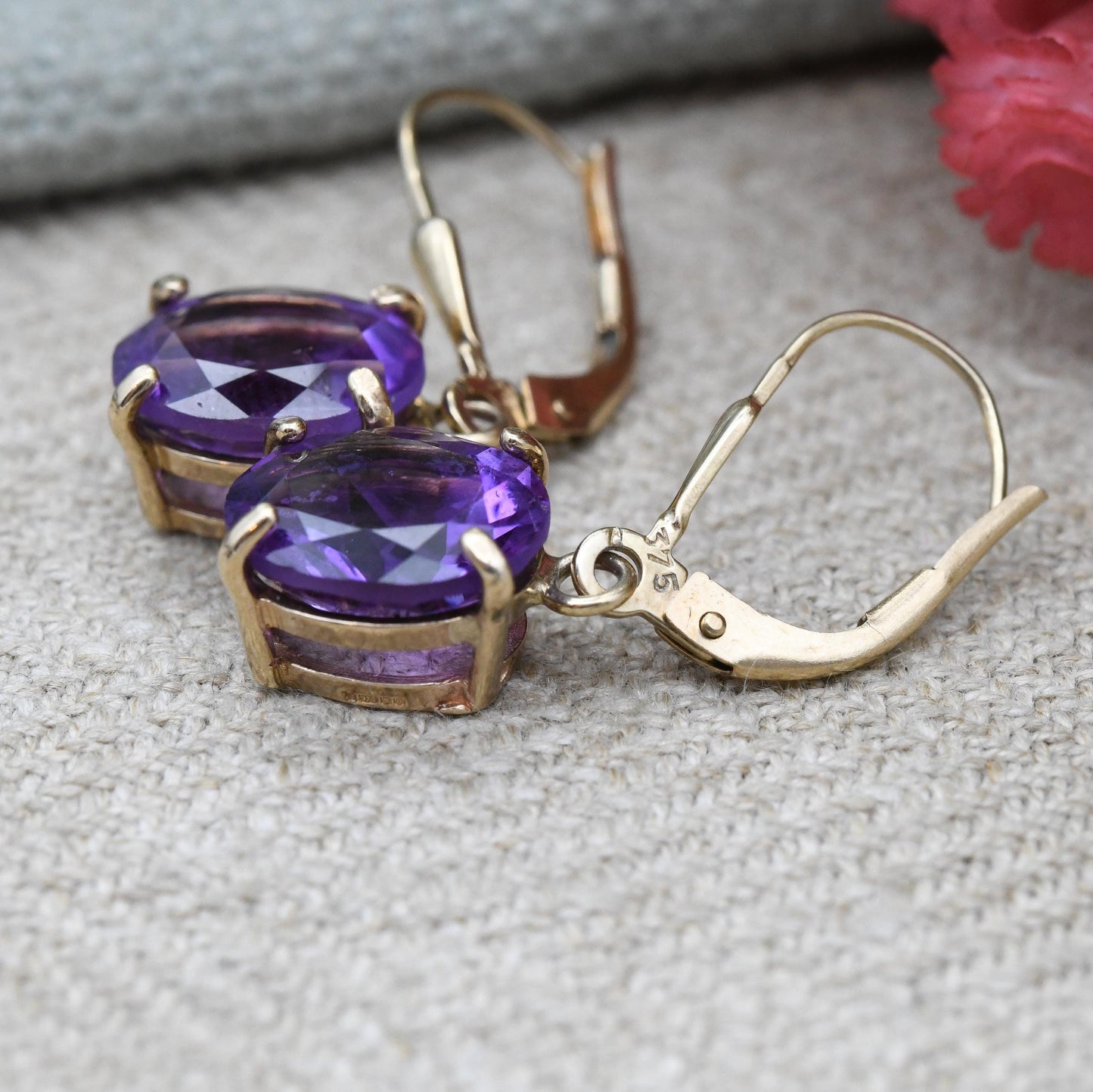 9ct Gold Amethyst Drop Earrings 2003 - Solid Gold Dangle Stud Earrings | Large Faceted Purple Gemstone | Pretty Jewellery Gift for Her