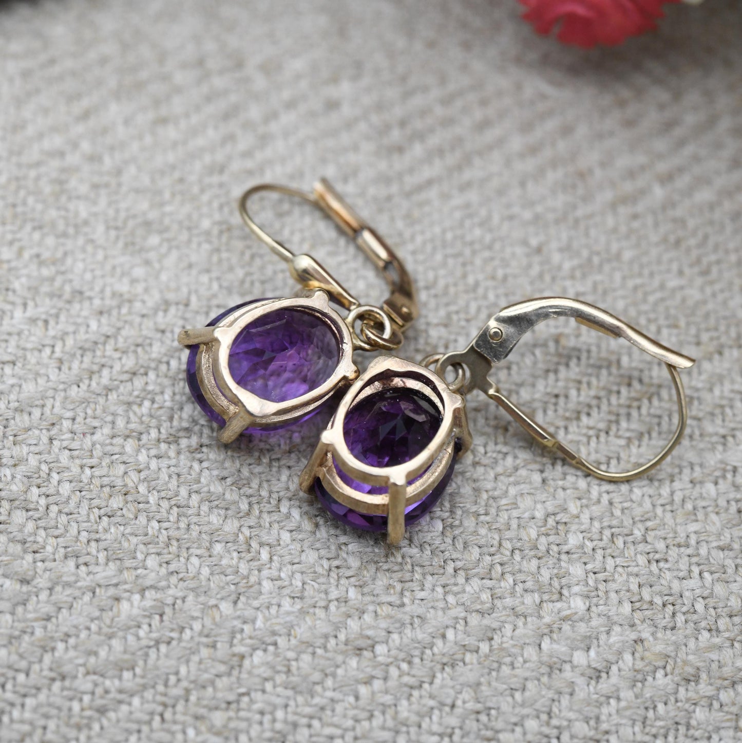 9ct Gold Amethyst Drop Earrings 2003 - Solid Gold Dangle Stud Earrings | Large Faceted Purple Gemstone | Pretty Jewellery Gift for Her