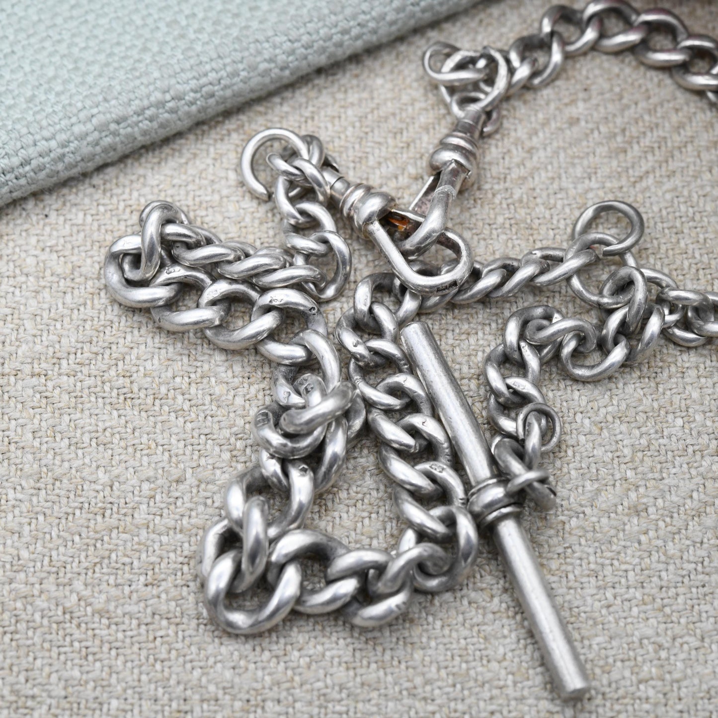 Antique Sterling Silver Double Albert Chain Necklace 1923 T-Bar Dog Clips 1968 by Edwin Page EP - Chester Hallmarks | Stamped to Every Link