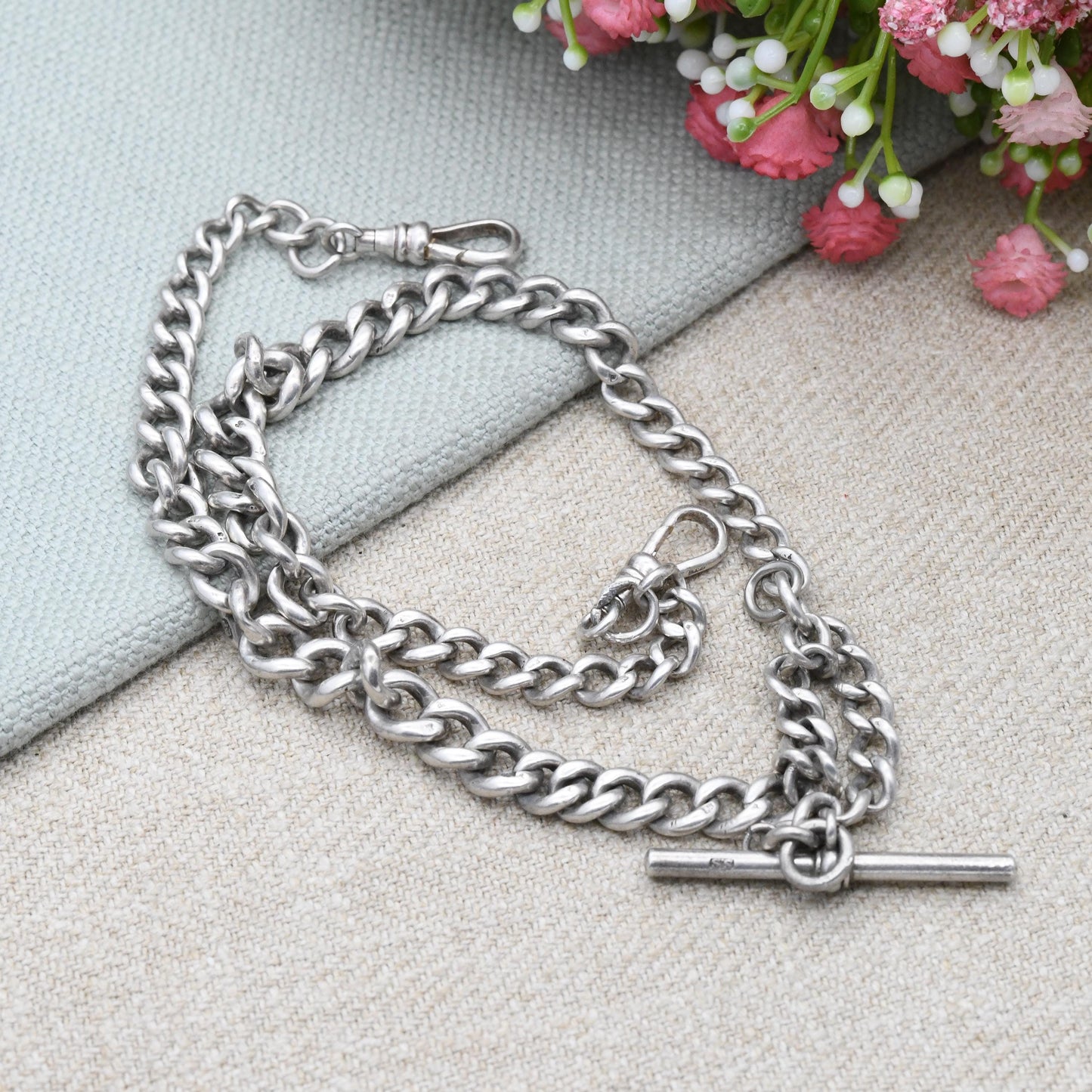 Antique Sterling Silver Double Albert Chain Necklace 1923 T-Bar Dog Clips 1968 by Edwin Page EP - Chester Hallmarks | Stamped to Every Link