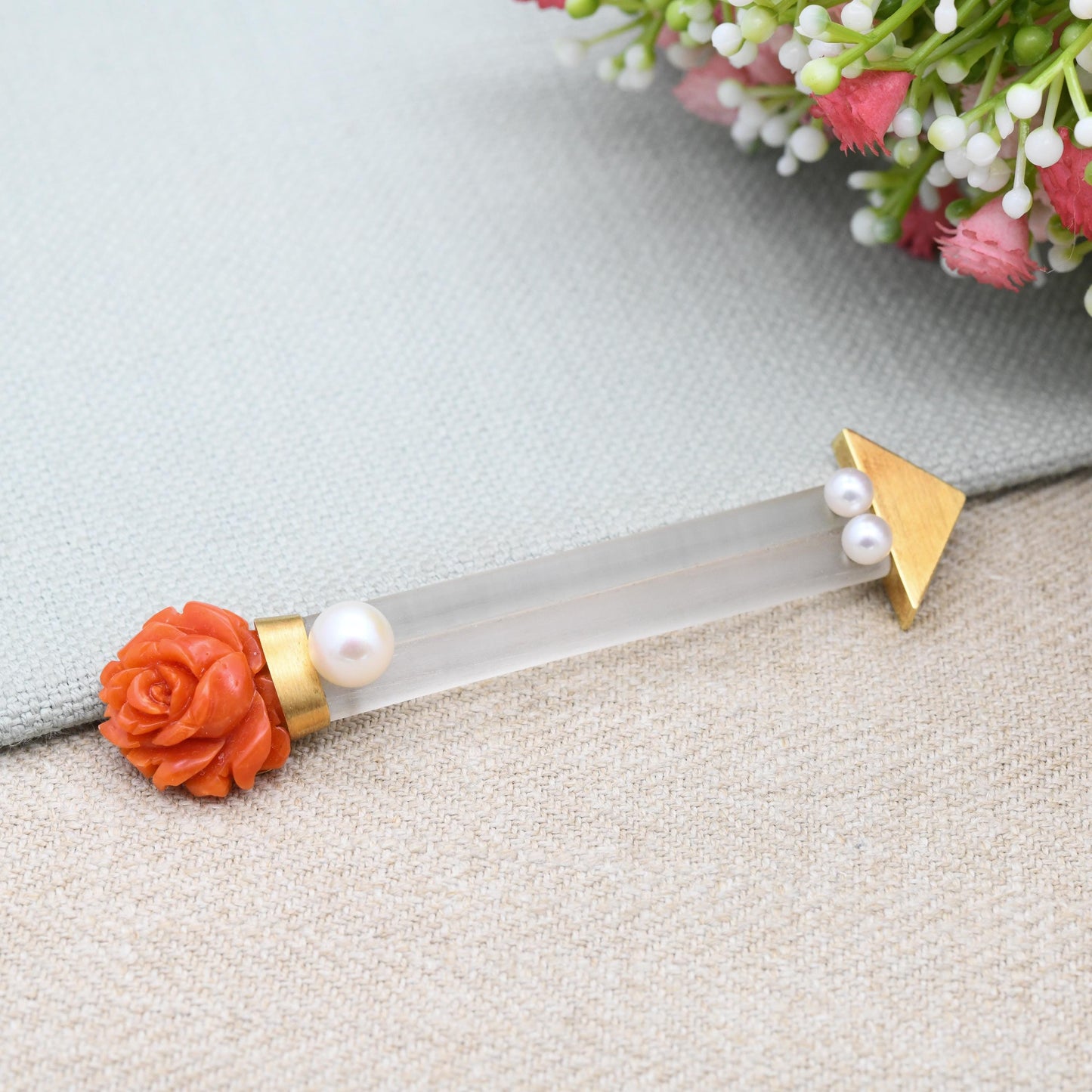 Vintage 18ct Gold Arrow Bar Brooch with Rock Crystal Coral Pearl - Cupid's Arrow Dart Statement Mid-Century Jewellery | Carved Coral Flower
