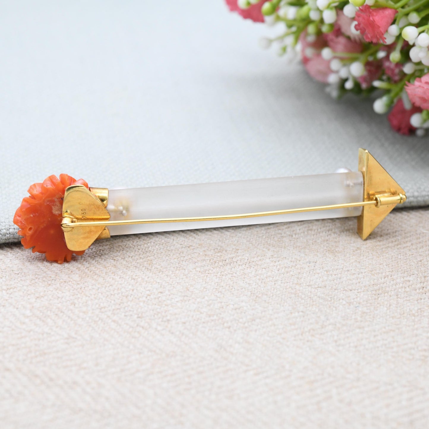 Vintage 18ct Gold Arrow Bar Brooch with Rock Crystal Coral Pearl - Cupid's Arrow Dart Statement Mid-Century Jewellery | Carved Coral Flower