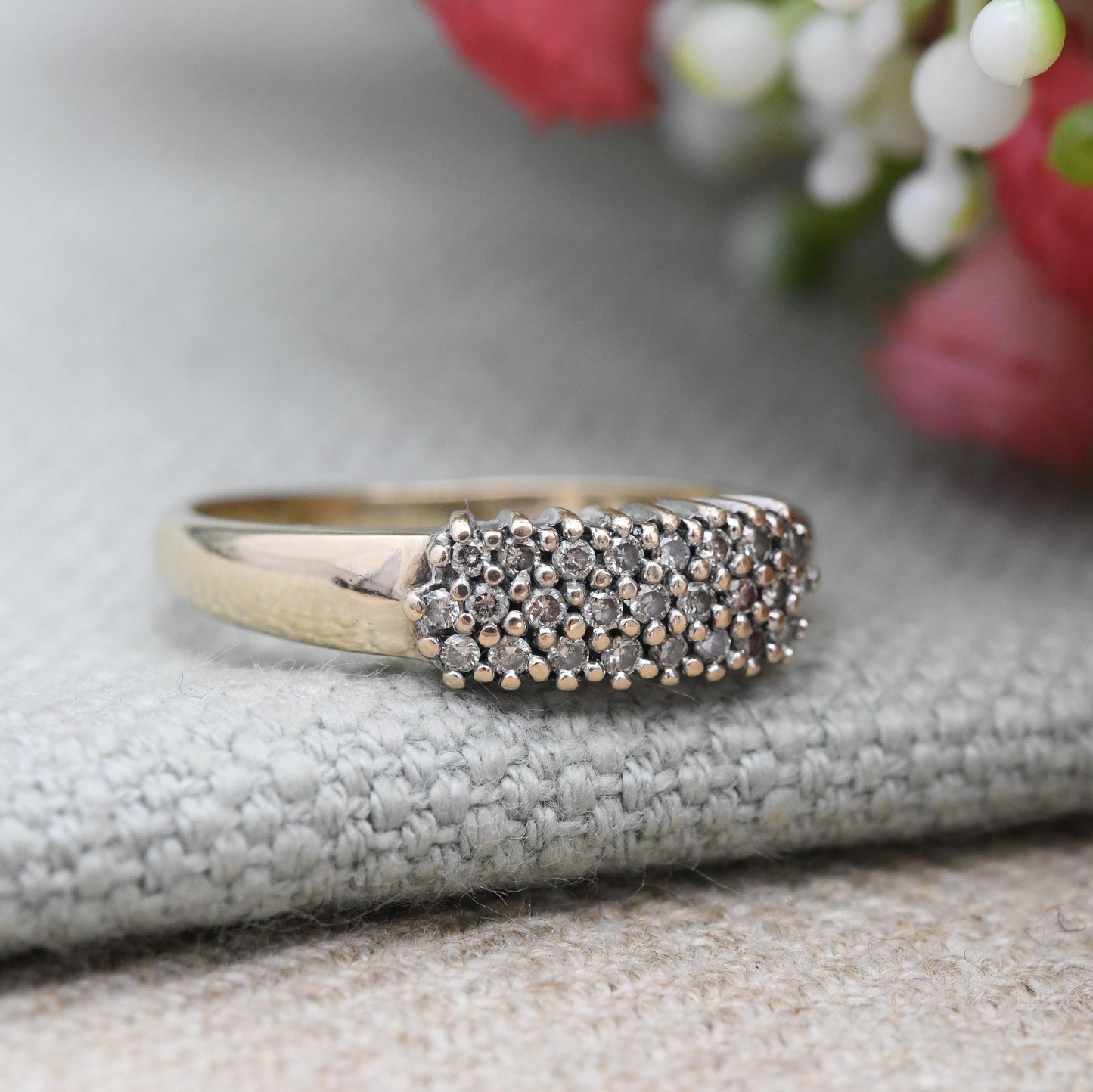 Vintage 9ct Gold and Diamond Cluster Ring 0.25 Carats 25 Points - Three Row Pave Diamond Stacking Ring | UK Size - O | US Size - 7 1/4