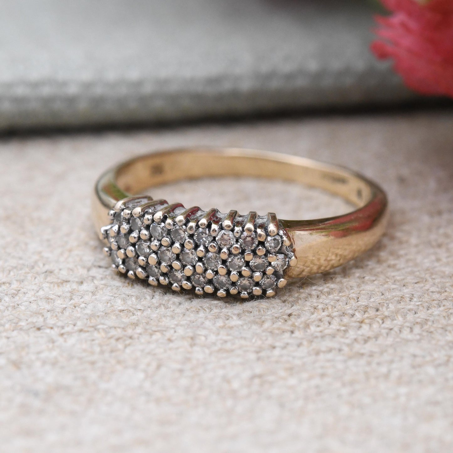 Vintage 9ct Gold and Diamond Cluster Ring 0.25 Carats 25 Points - Three Row Pave Diamond Stacking Ring | UK Size - O | US Size - 7 1/4