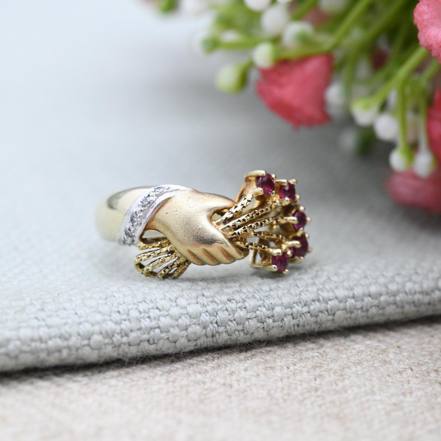 Vintage 14ct Gold Hand Ring Ruby and Diamond Hand Holding Flowers 1990 - Victorian Style Sentimental Figure Ring | UK Size N | US Size 6 3/4