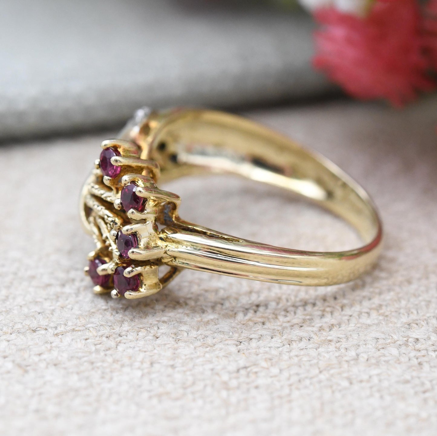 Vintage 14ct Gold Hand Ring Ruby and Diamond Hand Holding Flowers 1990 - Victorian Style Sentimental Figure Ring | UK Size N | US Size 6 3/4