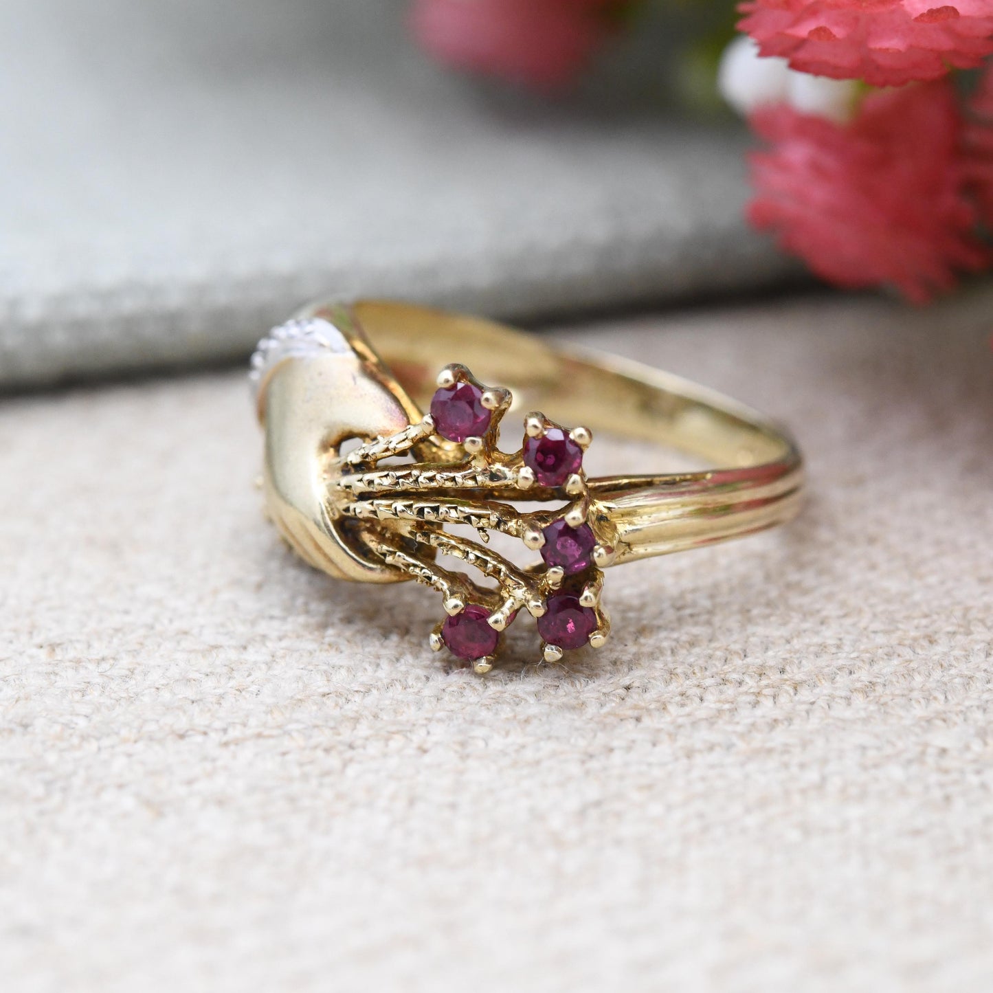 Vintage 14ct Gold Hand Ring Ruby and Diamond Hand Holding Flowers 1990 - Victorian Style Sentimental Figure Ring | UK Size N | US Size 6 3/4