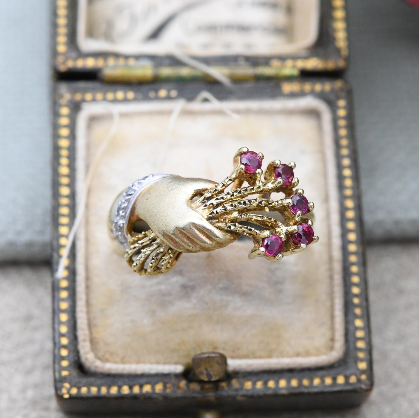 Vintage 14ct Gold Hand Ring Ruby and Diamond Hand Holding Flowers 1990 - Victorian Style Sentimental Figure Ring | UK Size N | US Size 6 3/4