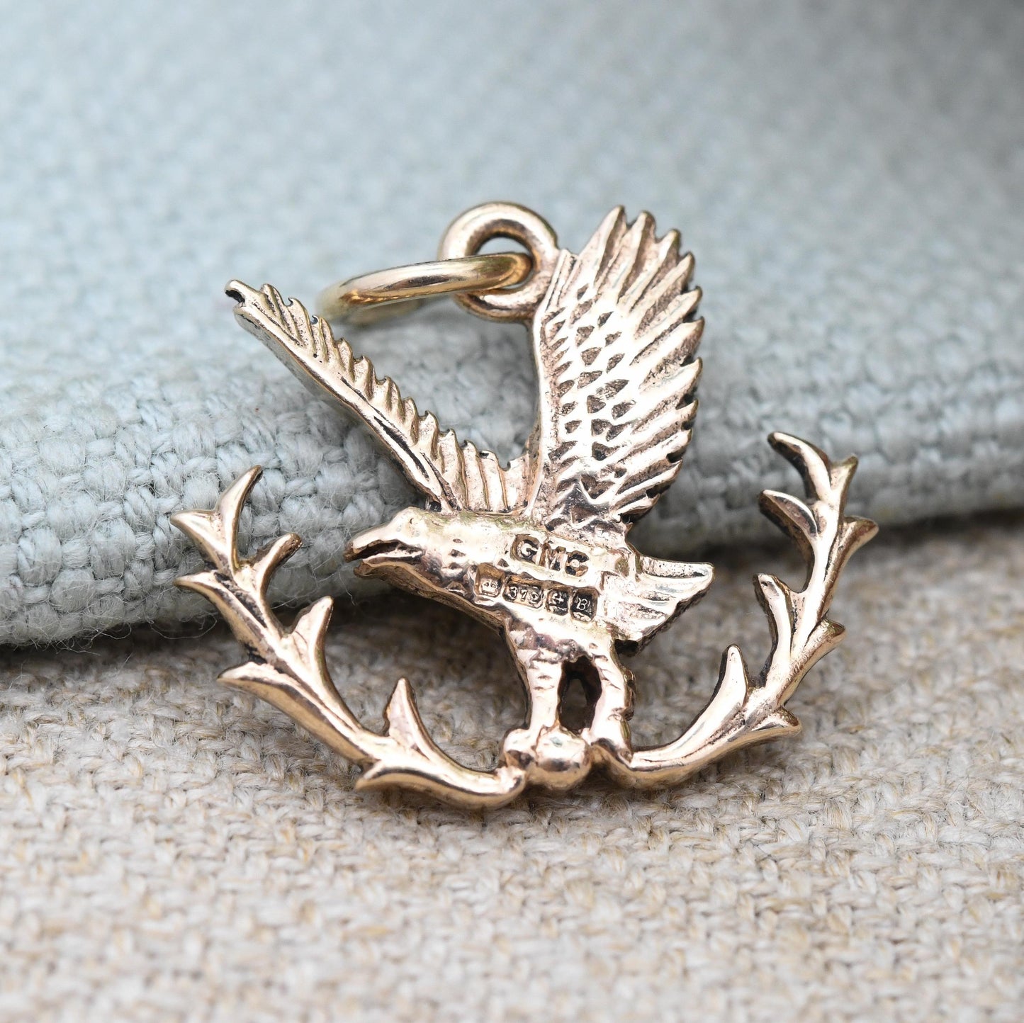 Vintage 9ct Gold Bird Charm Pendant Eagle Carrying a Laurel Branch 1976 - Solid Gold Jewellery USA Animal | Gift for Charm Necklace Bracelet