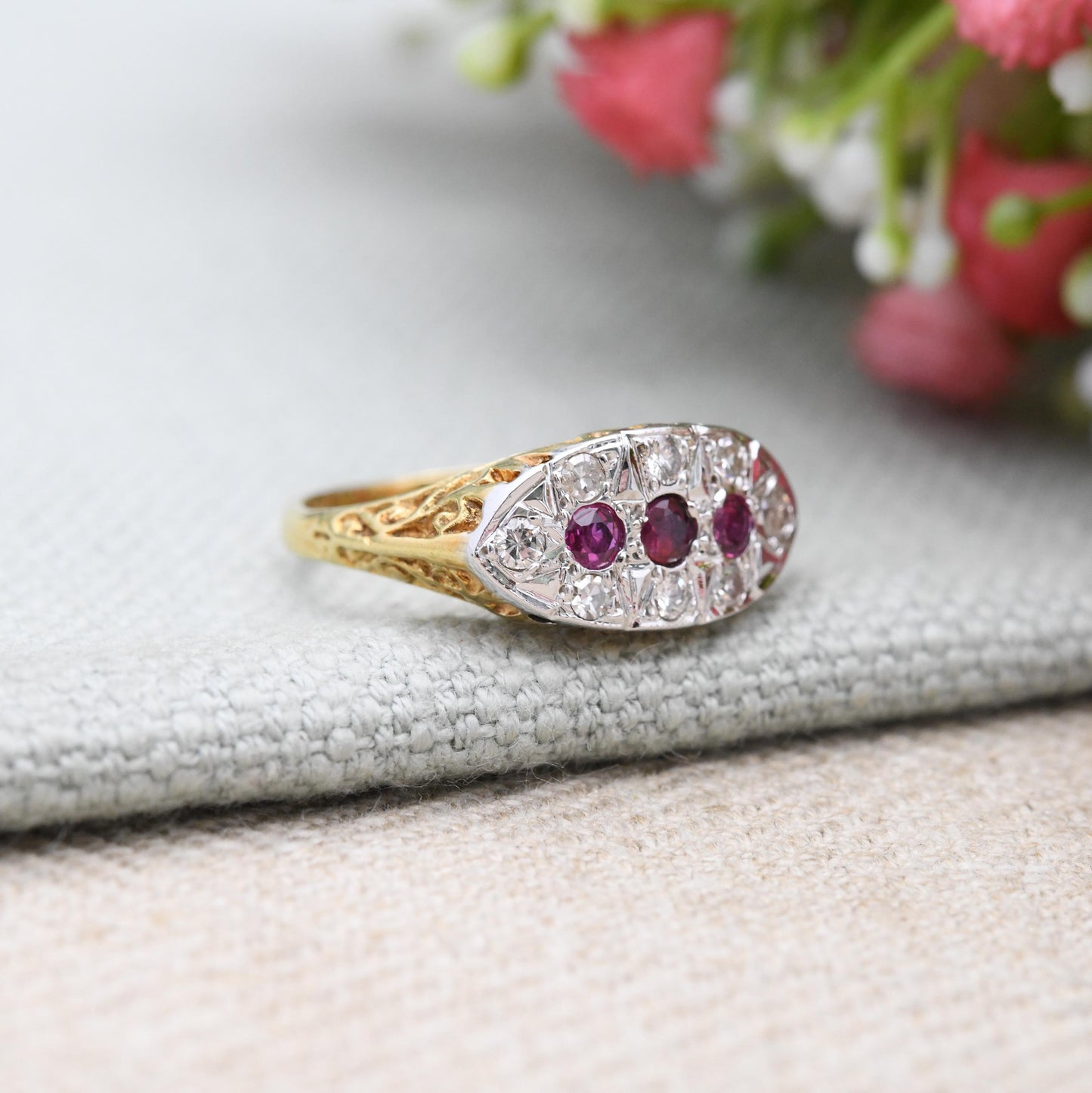 Vintage 18ct Gold Ruby and Diamond Boat Ring Flush Gemstone Cluster - Statement Occasional Anniversary Gift | UK Size - O | US Size - 7 1/4