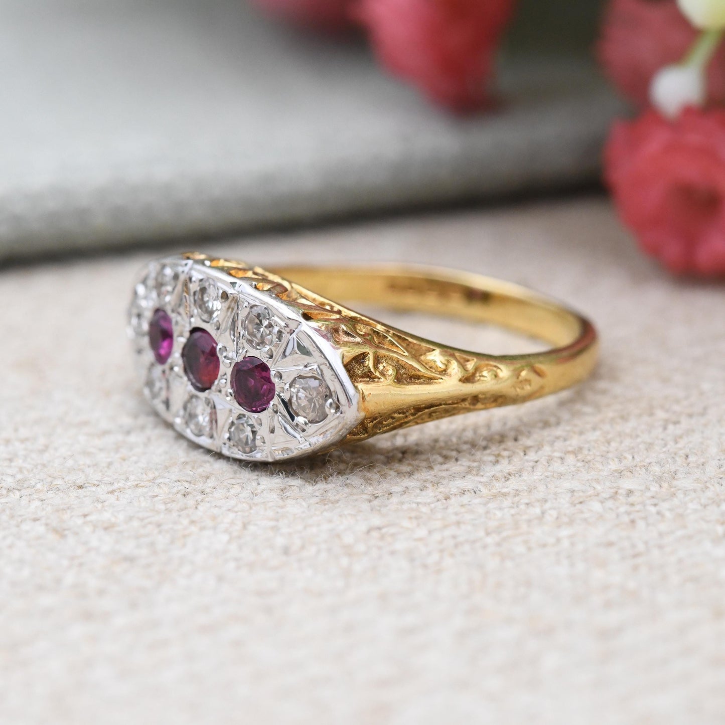 Vintage 18ct Gold Ruby and Diamond Boat Ring Flush Gemstone Cluster - Statement Occasional Anniversary Gift | UK Size - O | US Size - 7 1/4