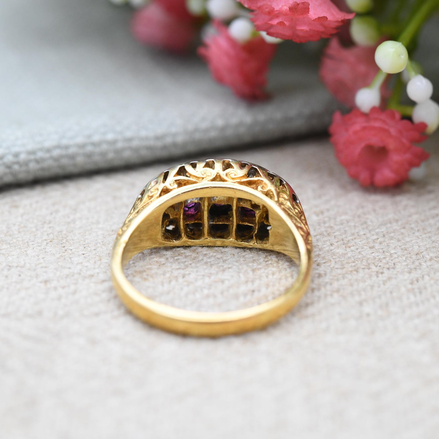 Vintage 18ct Gold Ruby and Diamond Boat Ring Flush Gemstone Cluster - Statement Occasional Anniversary Gift | UK Size - O | US Size - 7 1/4