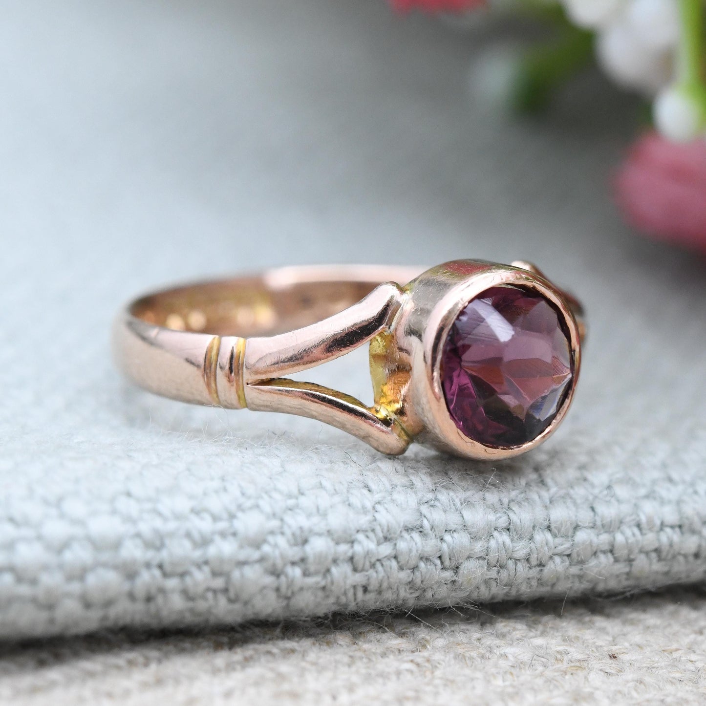 Antique Edwardian 9ct Gold Ring with Purple Paste Stone 1912 - Antique Rose Gold Bezel Glass Stone Ring | UK Size - P | US Size - 7 3/4