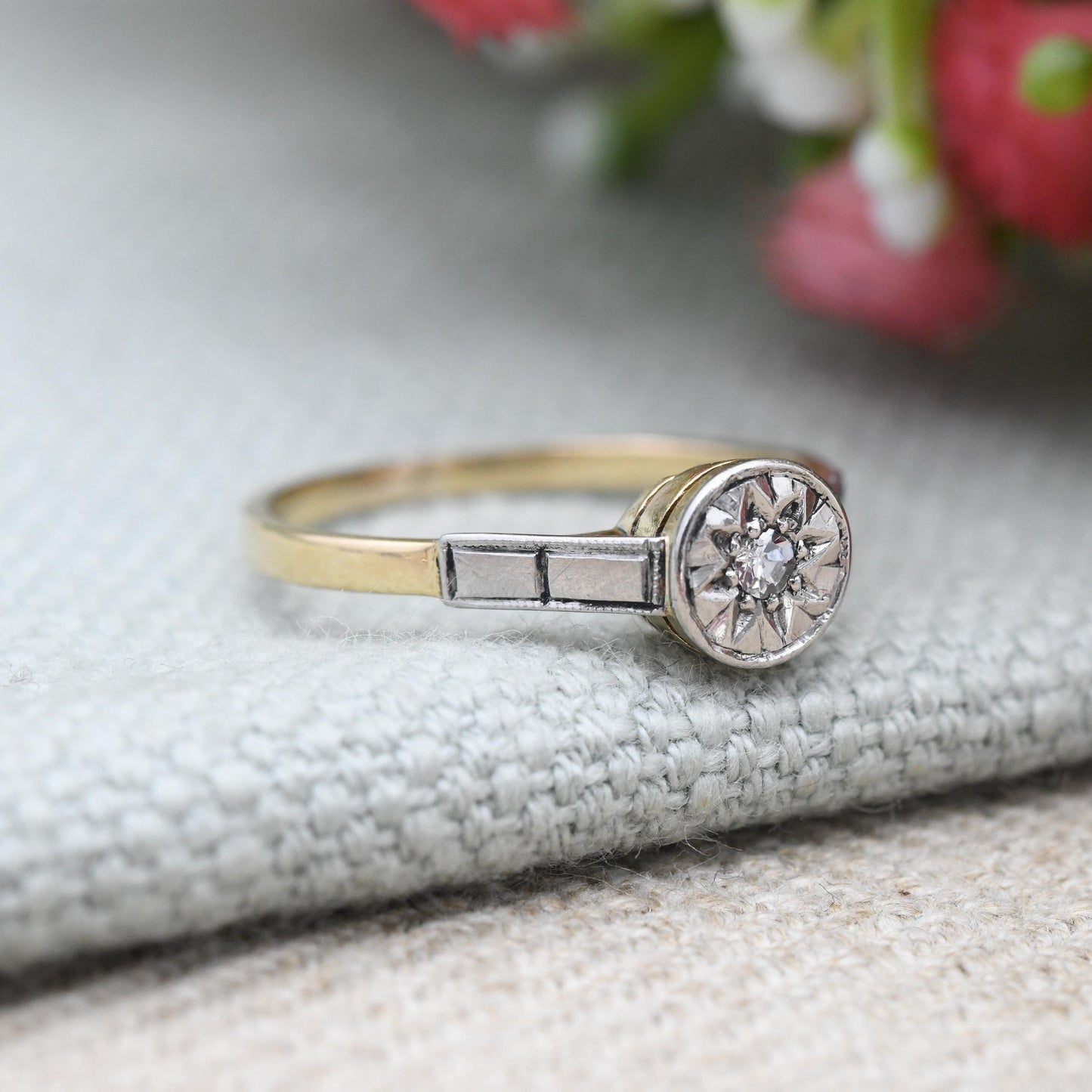 Antique Star Diamond Solitaire Ring 18ct Gold and Platinum Art Deco Star Setting c1920 - Celestial Engagement | UK Size - O US Size - 7 1/4