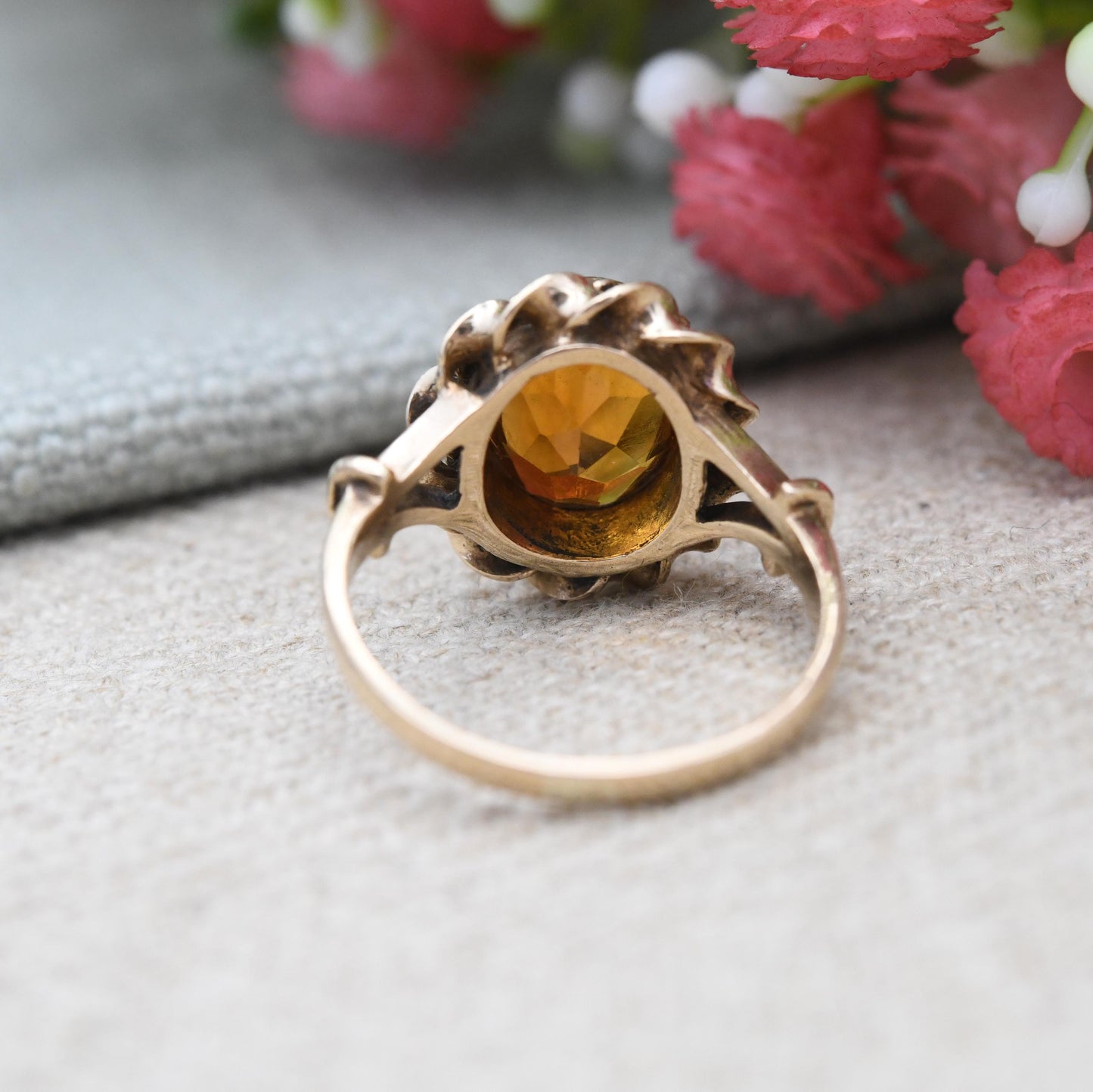 Vintage 9ct Gold Citrine Ring 1972 Large Orange Stone LAQ - Twisted Bezel Set Faceted Cocktail Dress Ring | UK Size - L 1/2 US Size - 6