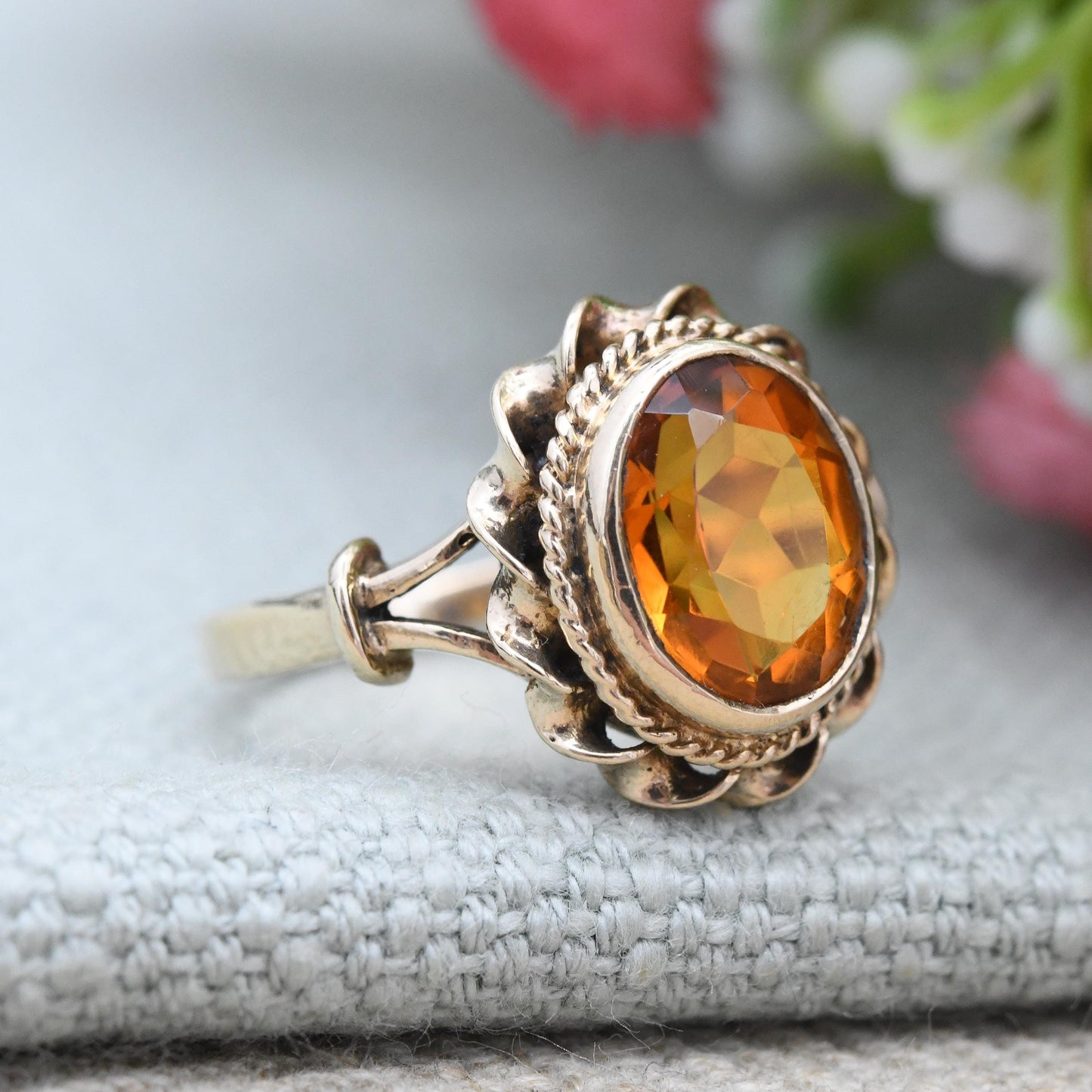Vintage 9ct Gold Citrine Ring 1972 Large Orange Stone LAQ - Twisted Bezel Set Faceted Cocktail Dress Ring | UK Size - L 1/2 US Size - 6