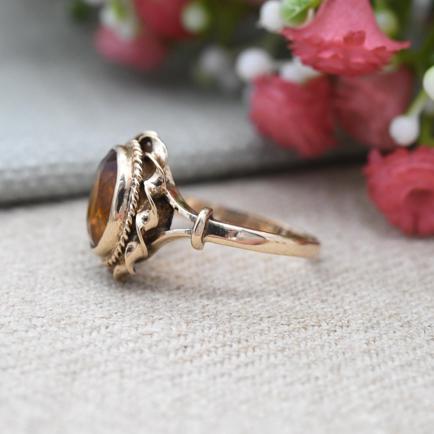 Vintage 9ct Gold Citrine Ring 1972 Large Orange Stone LAQ - Twisted Bezel Set Faceted Cocktail Dress Ring | UK Size - L 1/2 US Size - 6